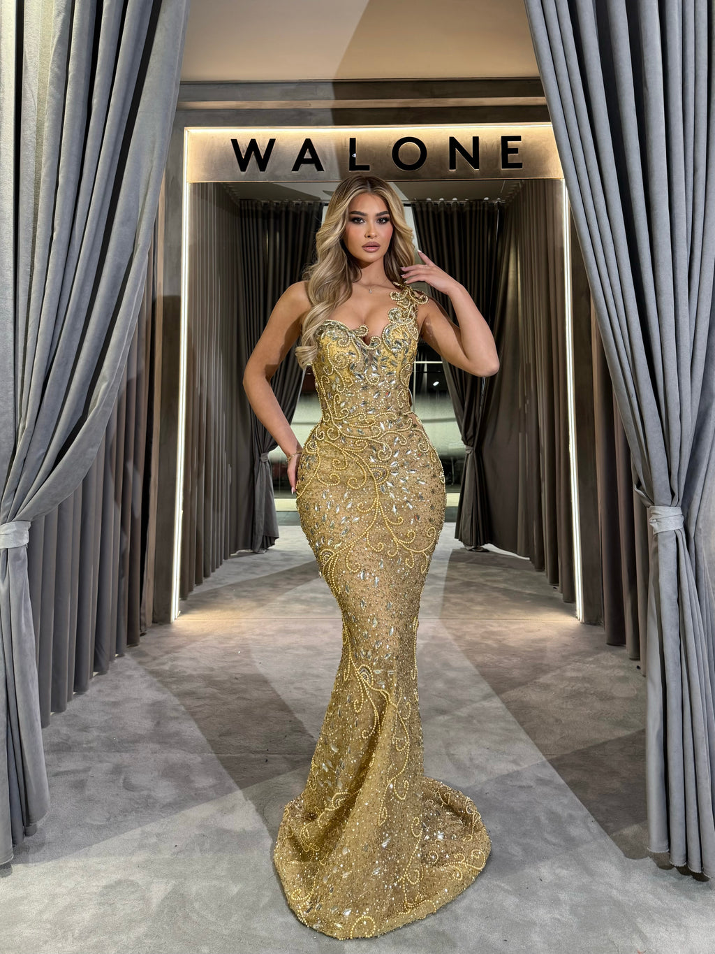 Plunging Sweetheart Gold Sequin Gown with Beadwork