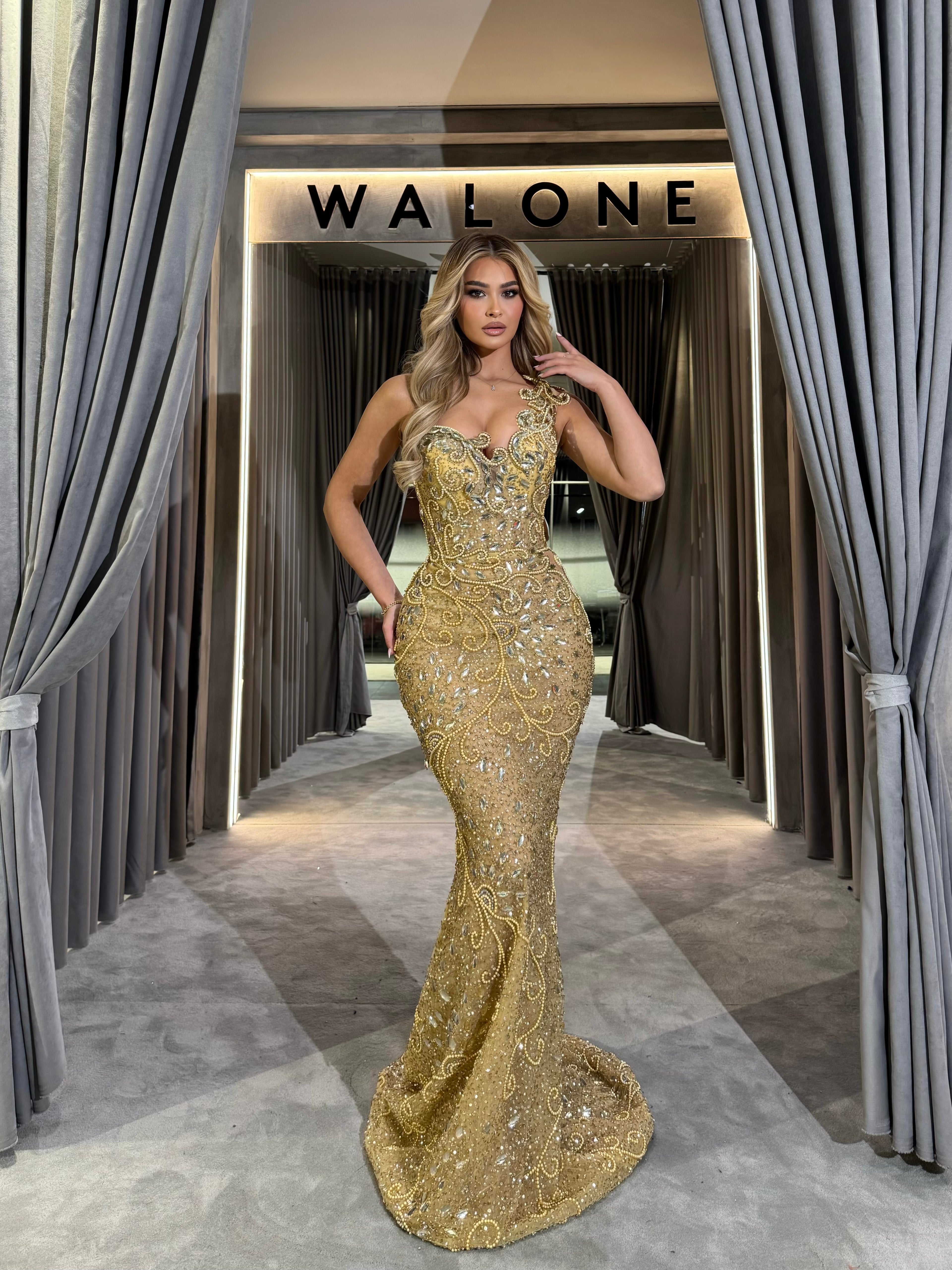 Plunging Sweetheart Gold Sequin Gown with Beadwork