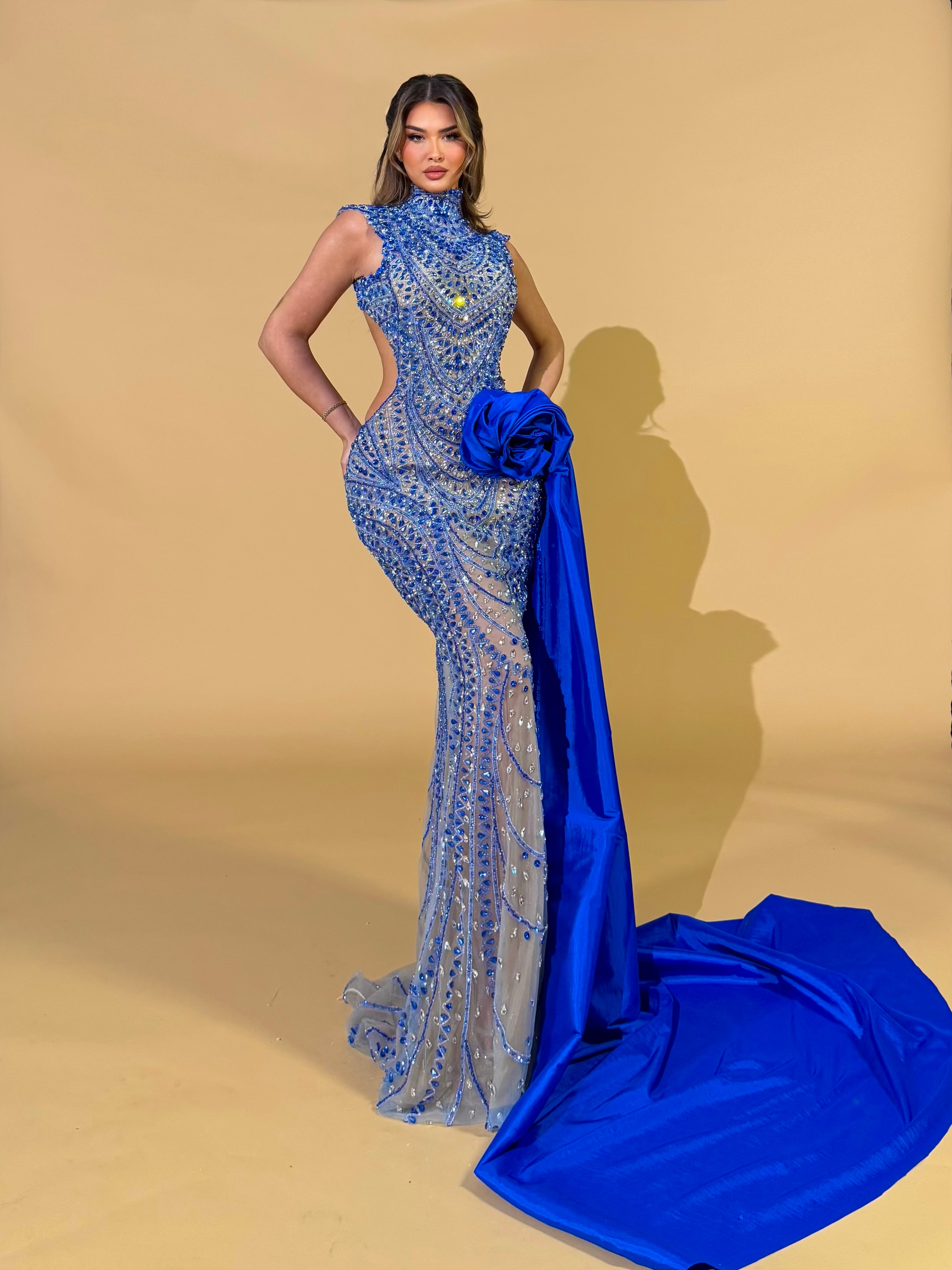 Royal Blue High Neck Crystal Cutout Gown with Draped Flower Detail