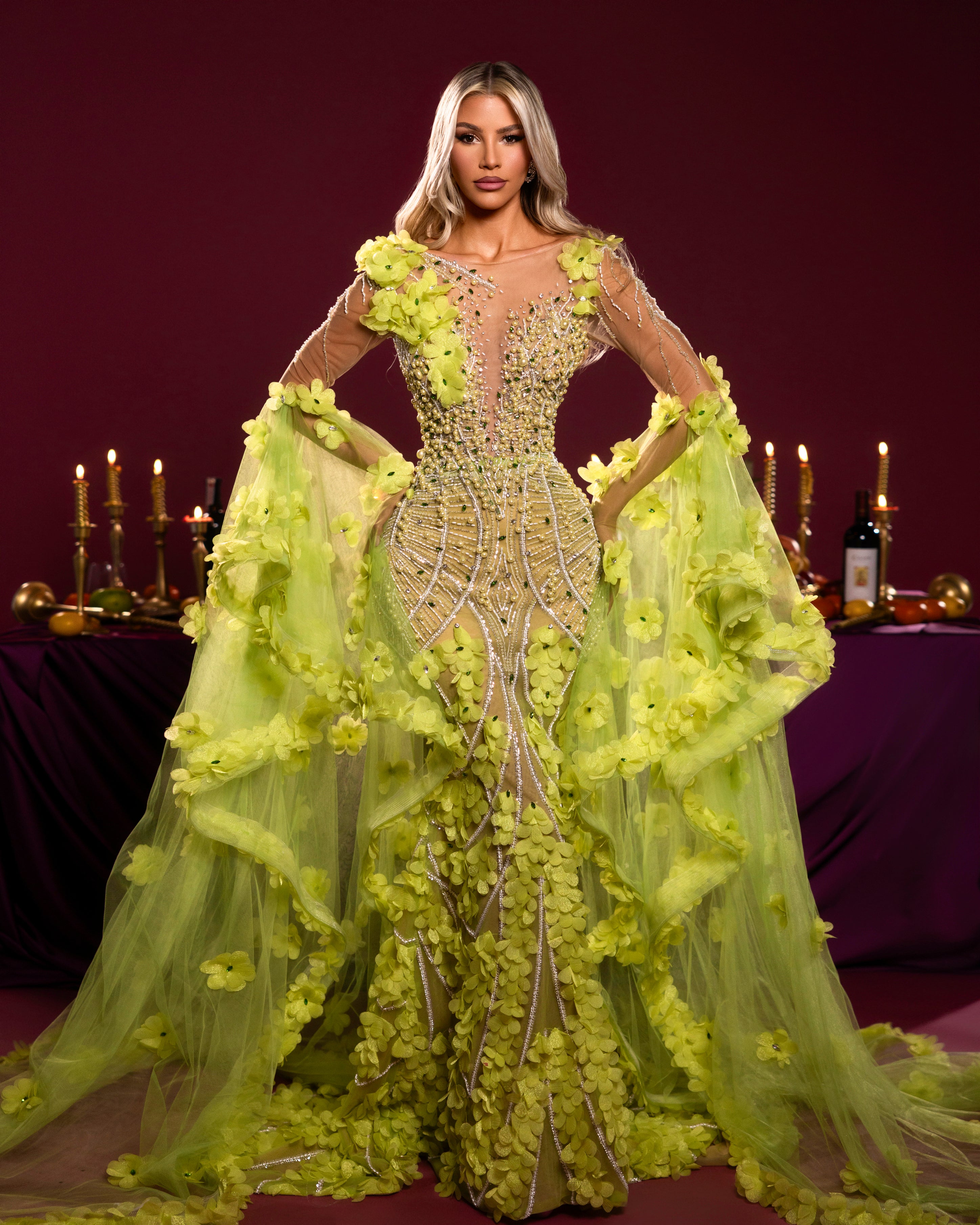 Floral Embellished Sheer Sleeve Gown