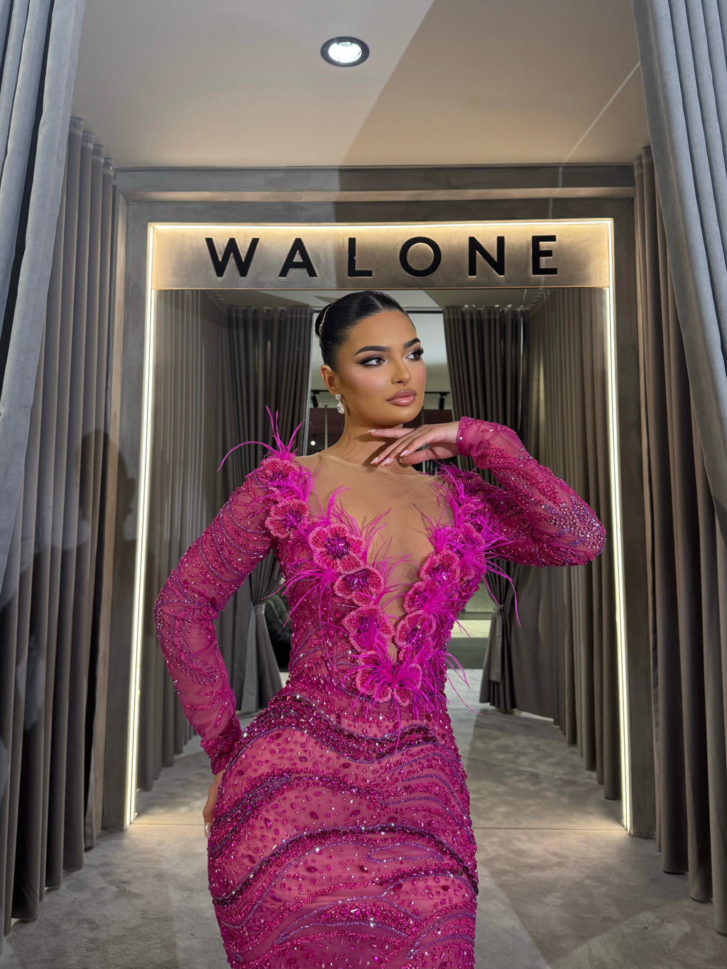Fuchsia Rosé Feather Gown