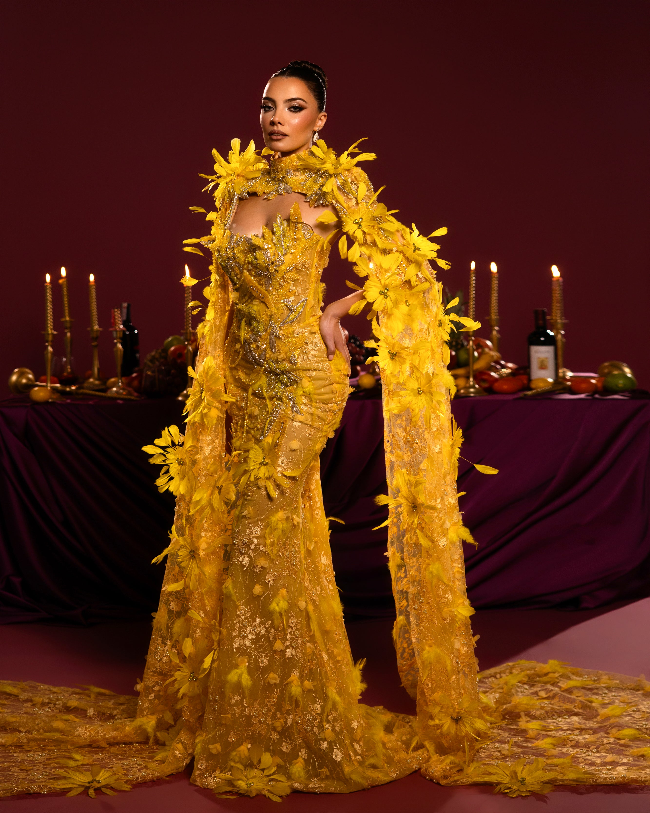 Strapless Floral Appliqué Gown with High Neck Cape