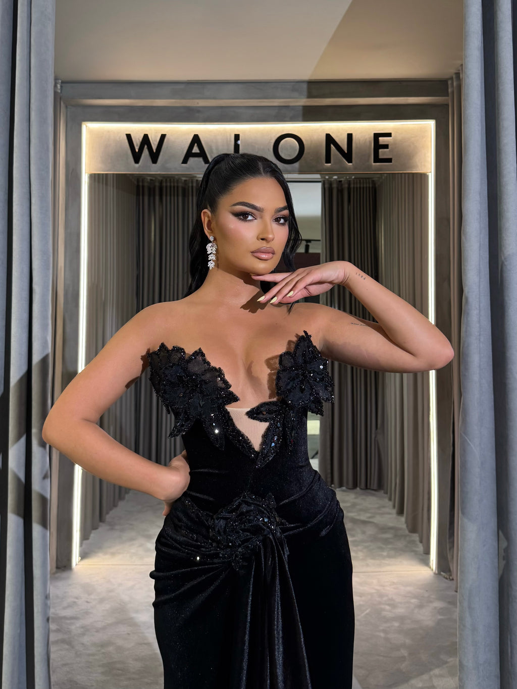 Black Velvet Gown with 3D Floral Appliqué & Draped Slit Skirt