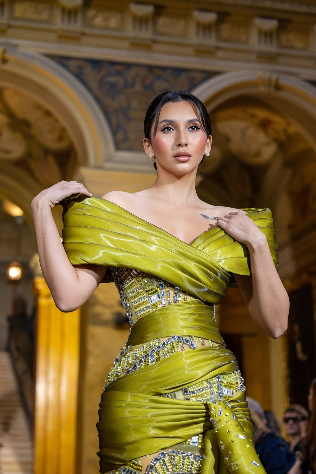 Emiliana - Off Shoulder Draped Beaded Gown
