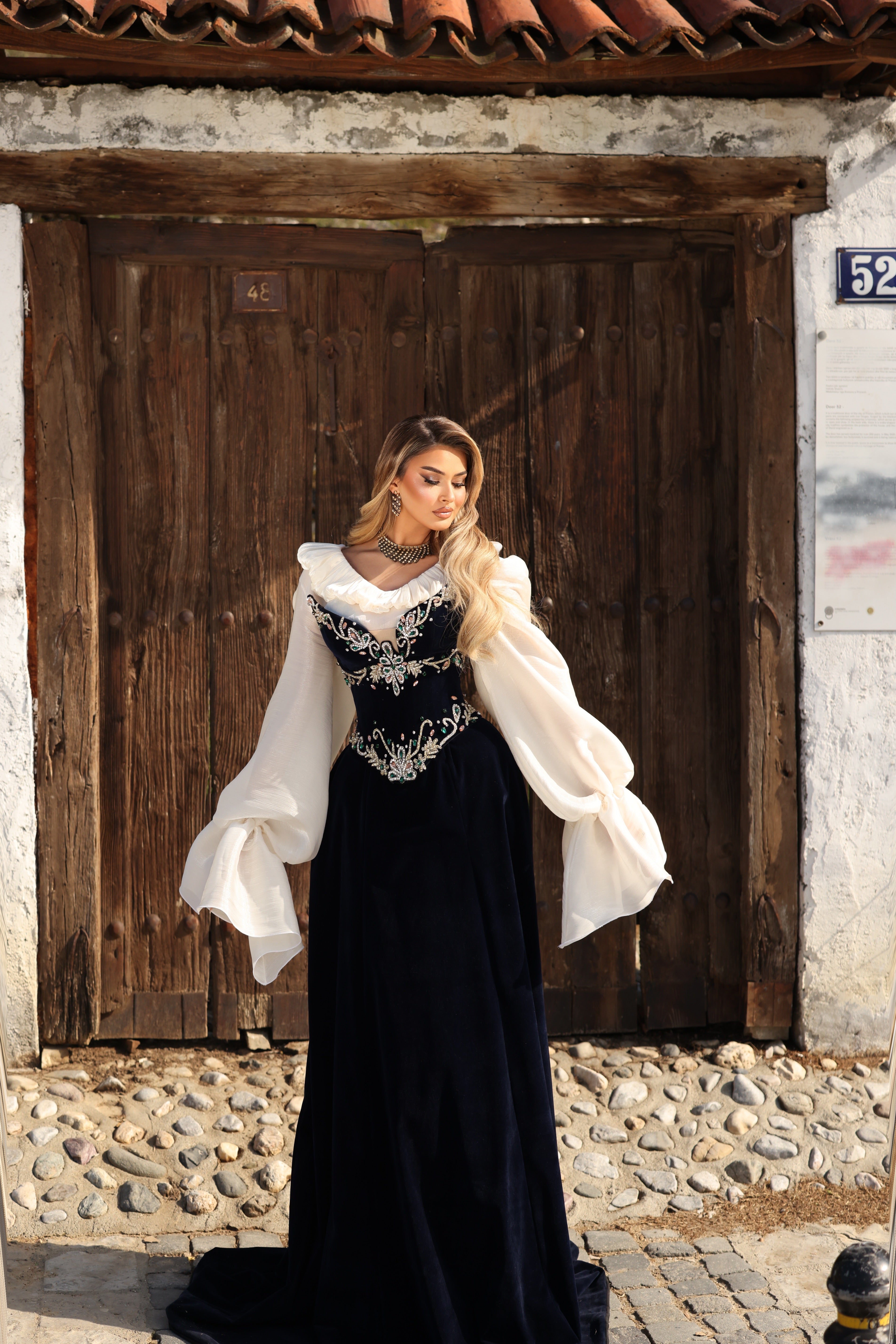 Donika - Velvet Gown with Crystal Waist Embroidery