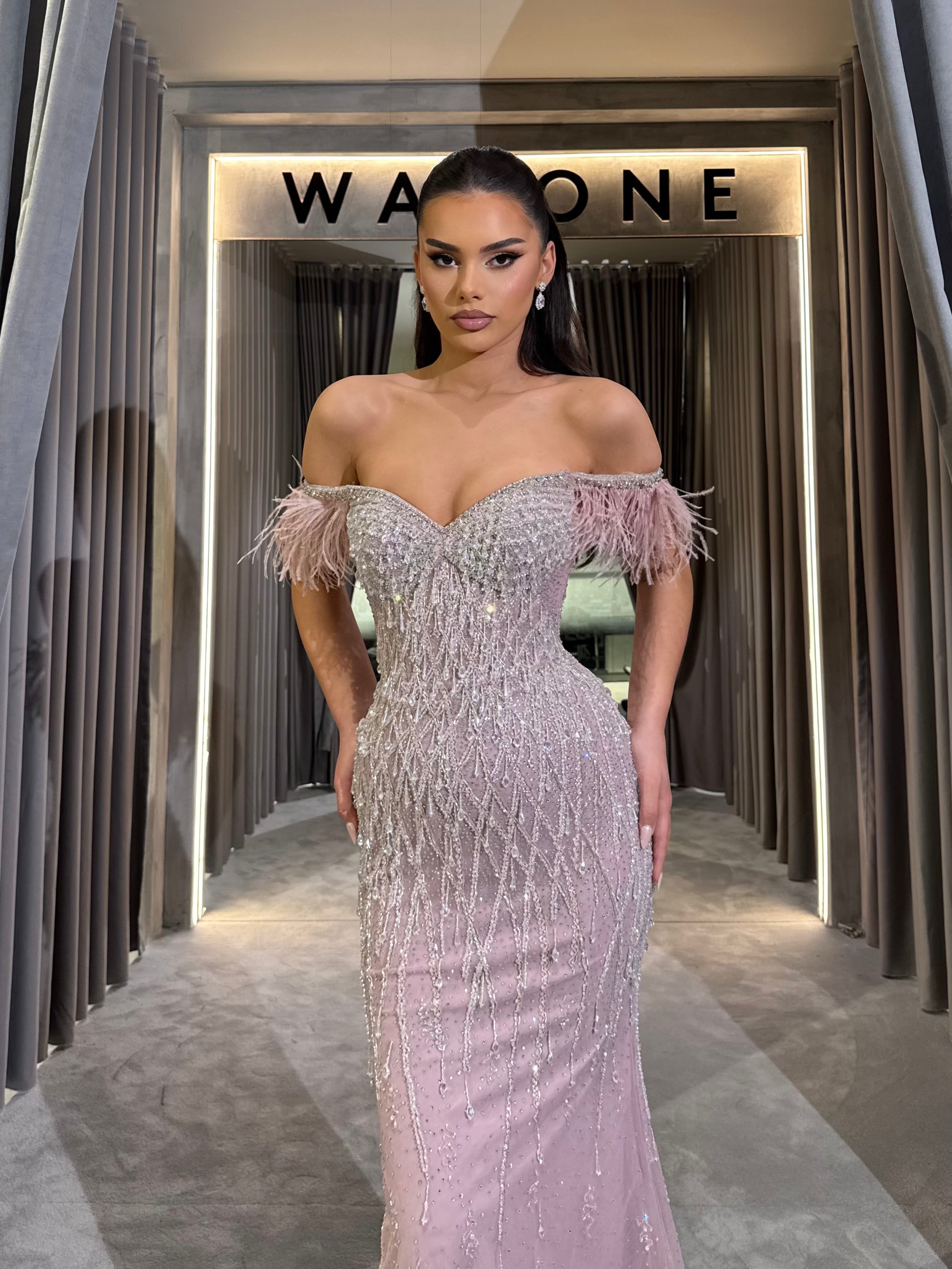 Blush & Beige Feather Off-Shoulder Beaded Gown Walone LLC Blush & Beige Feather Off-Shoulder Beaded Gown Walone LLC