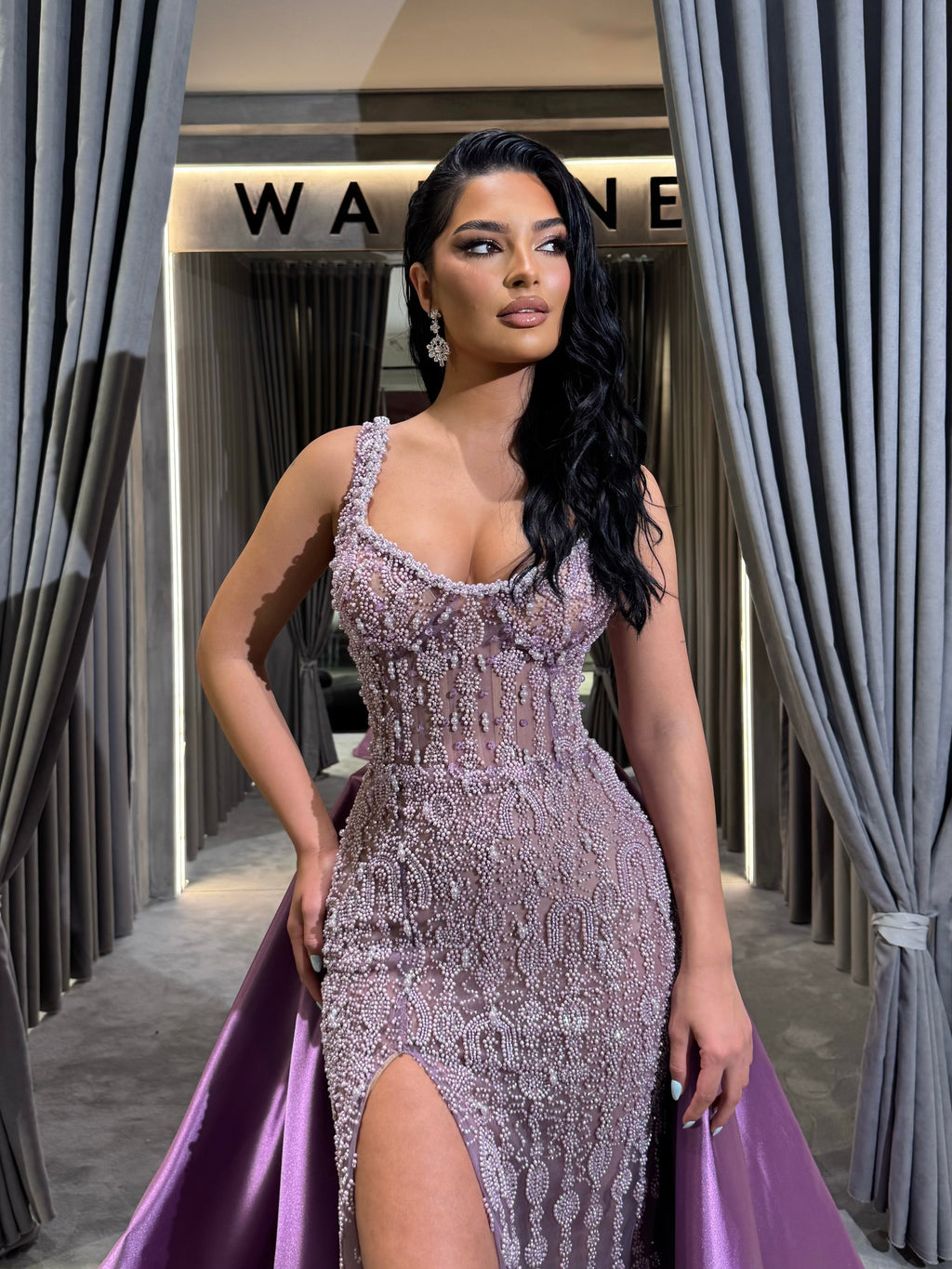 Lilac Beaded Slit Gown with Overskirt