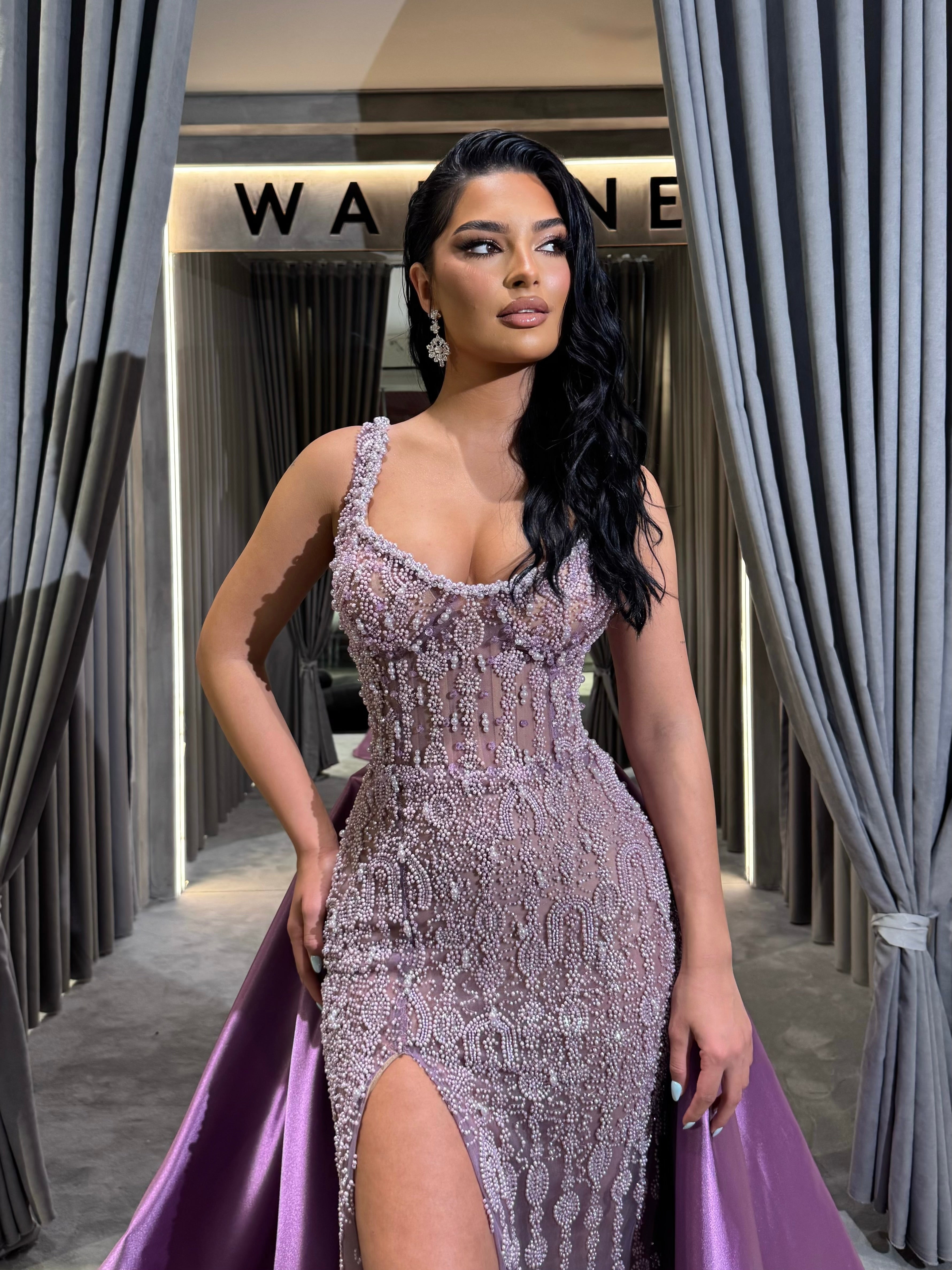 Lilac Beaded Slit Gown with Overskirt