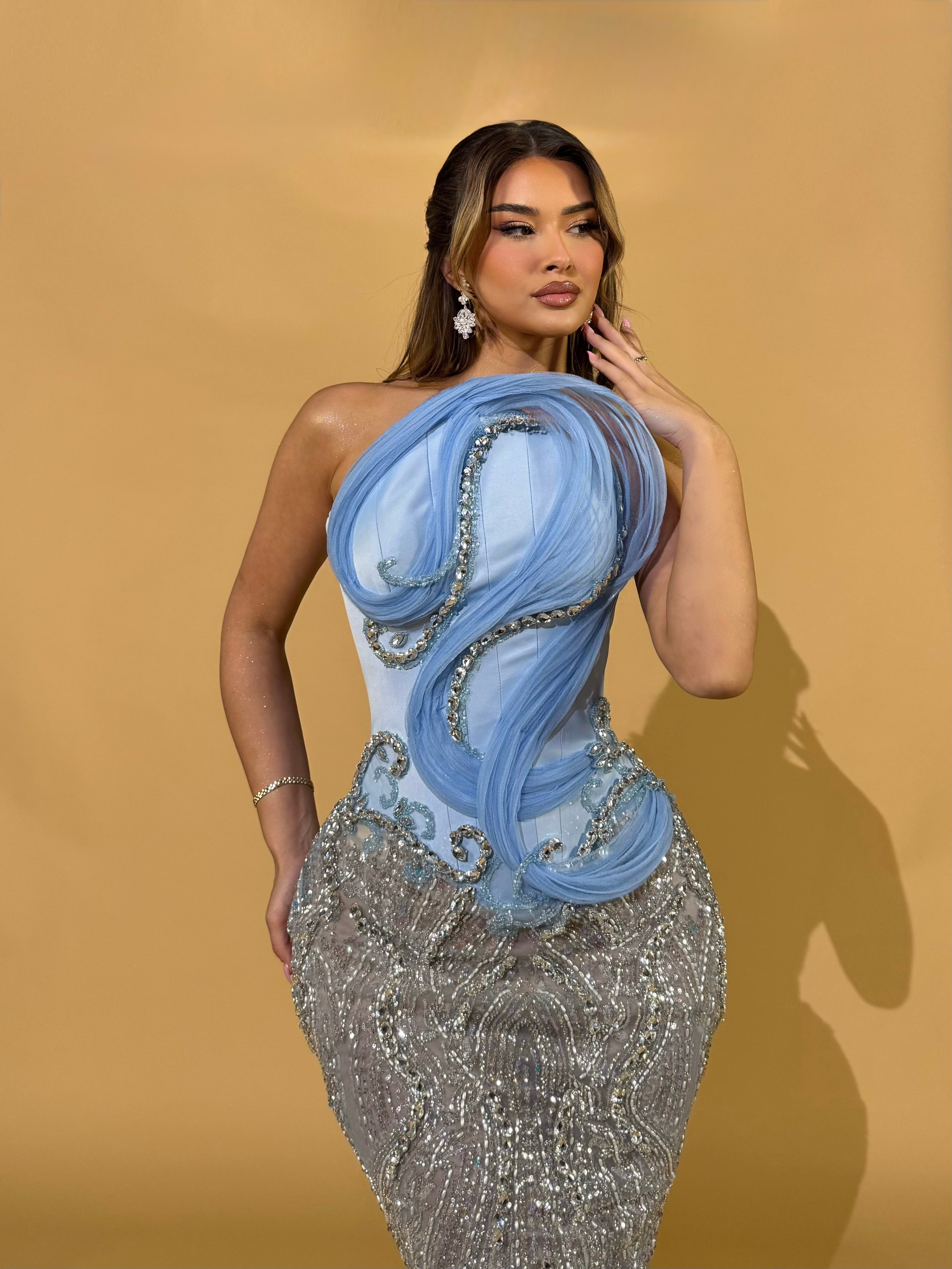 Asymmetric Blue Draped Dress with Crystal Embellishments