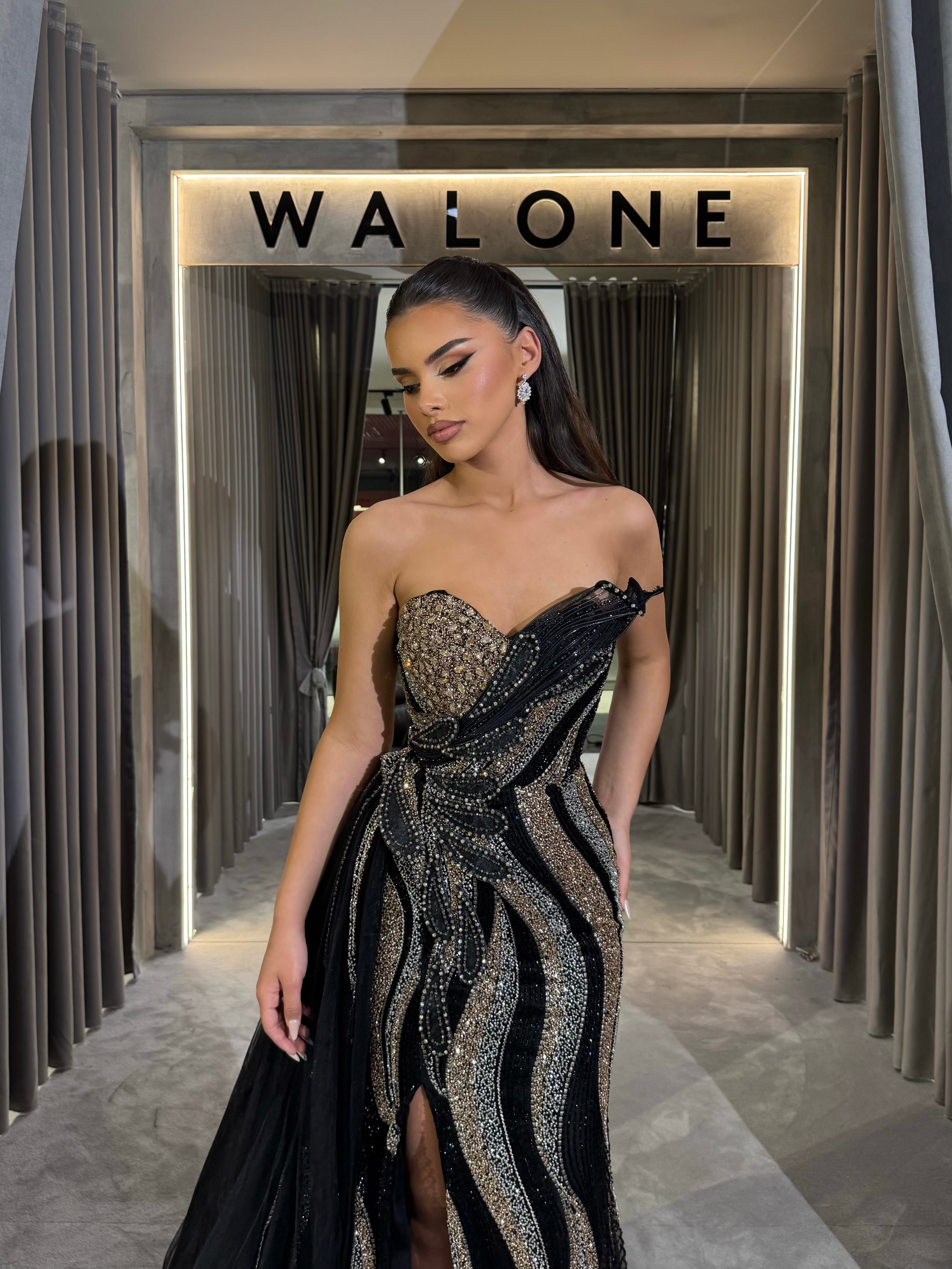 Long Dress with Metallic Wave Embroidery and Side Slit