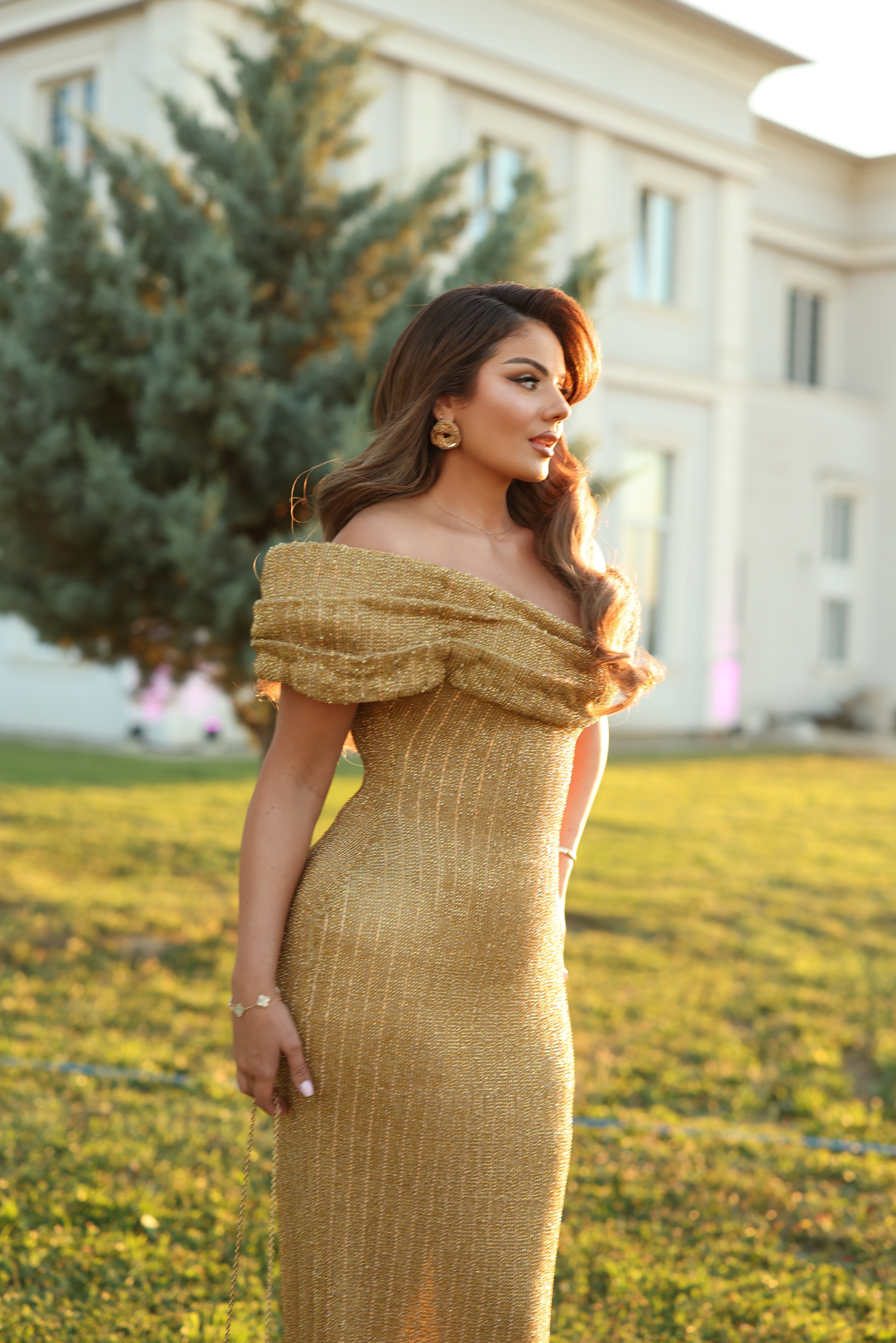 Erla - Draped Off Shoulder Crystal Gown