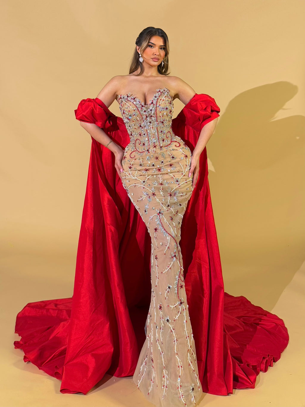 Red Cape Couture Dress with Nude Crystal Embellishments