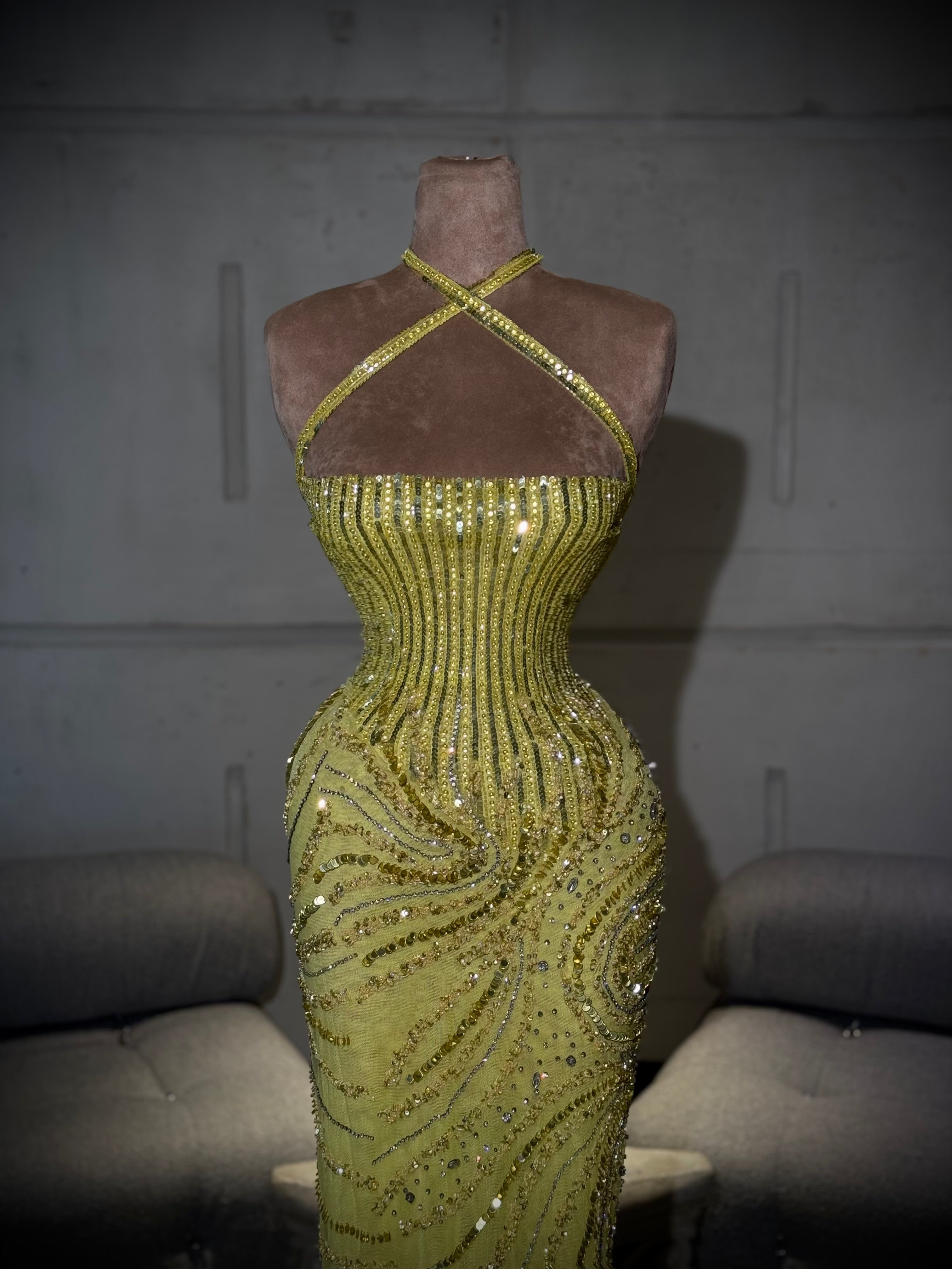 Aýana - Yellow Crystal Halter Gown