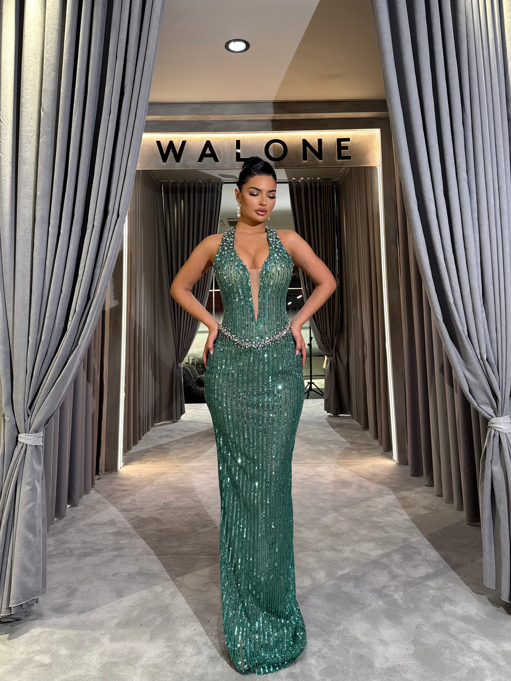 Crystal Plunge Beaded Gown with Waist Embellishment