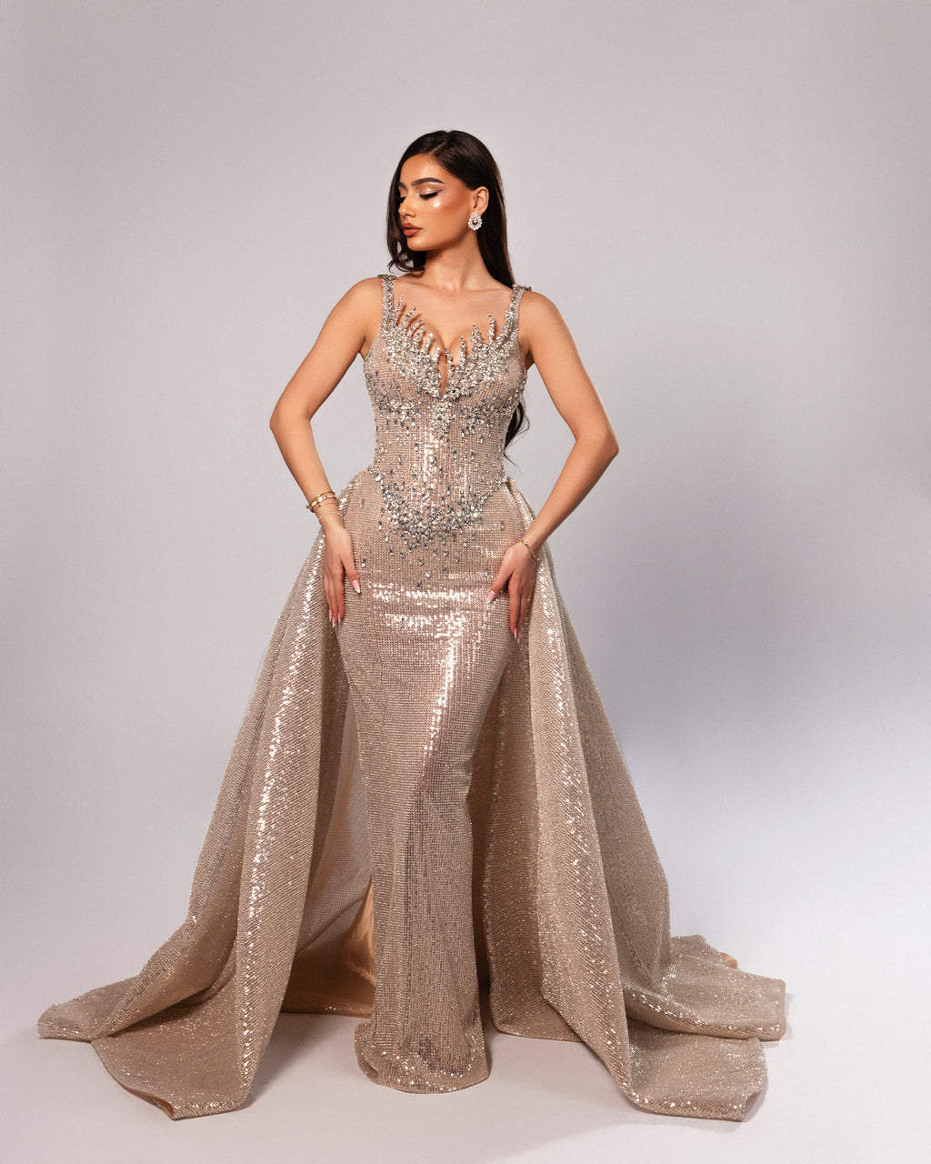 Plunging Neckline Sequin Gown with Detachable Overskirt