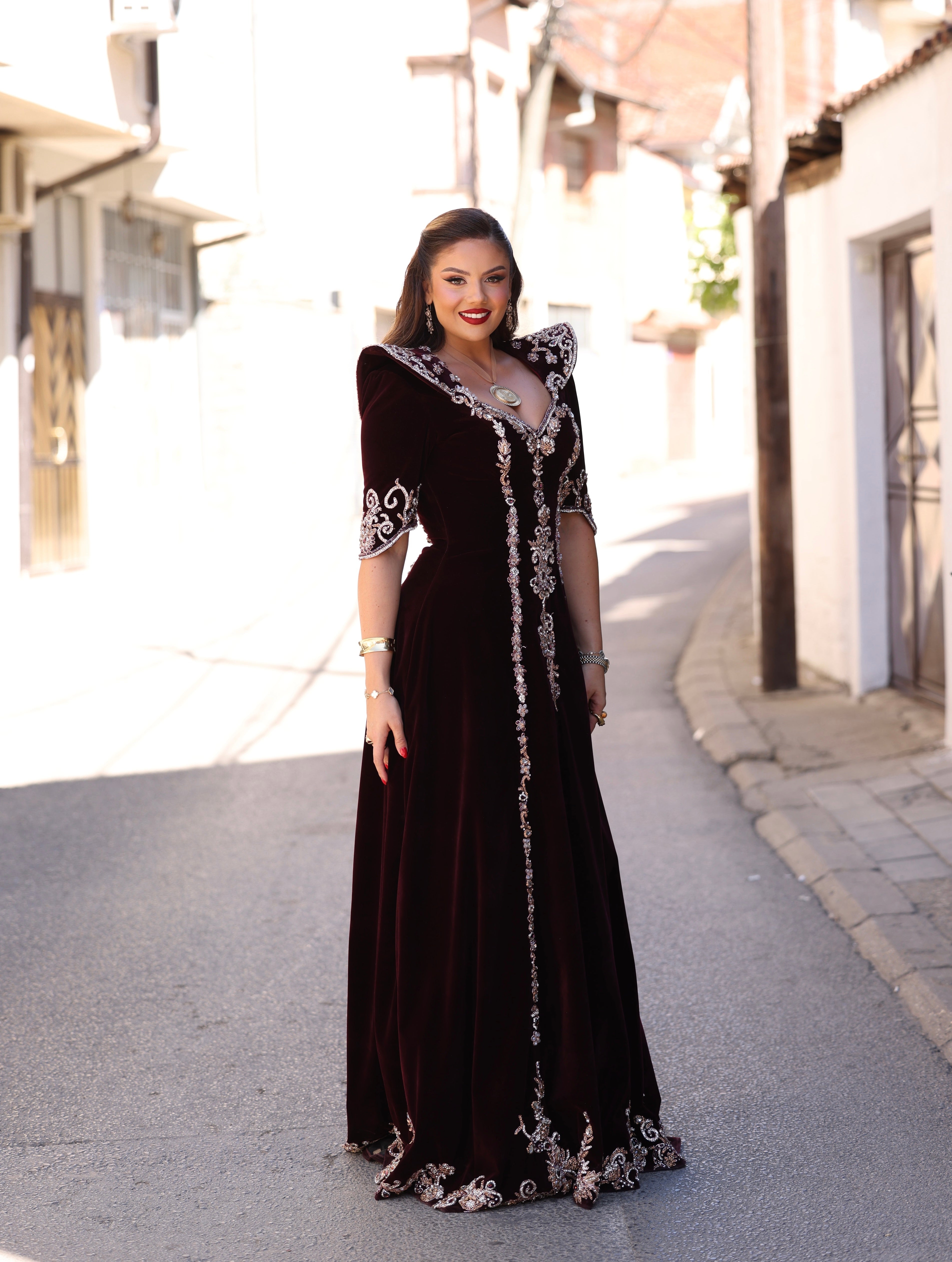 Elirá - Burgundy Velvet Long Gown with Silver Embroidery