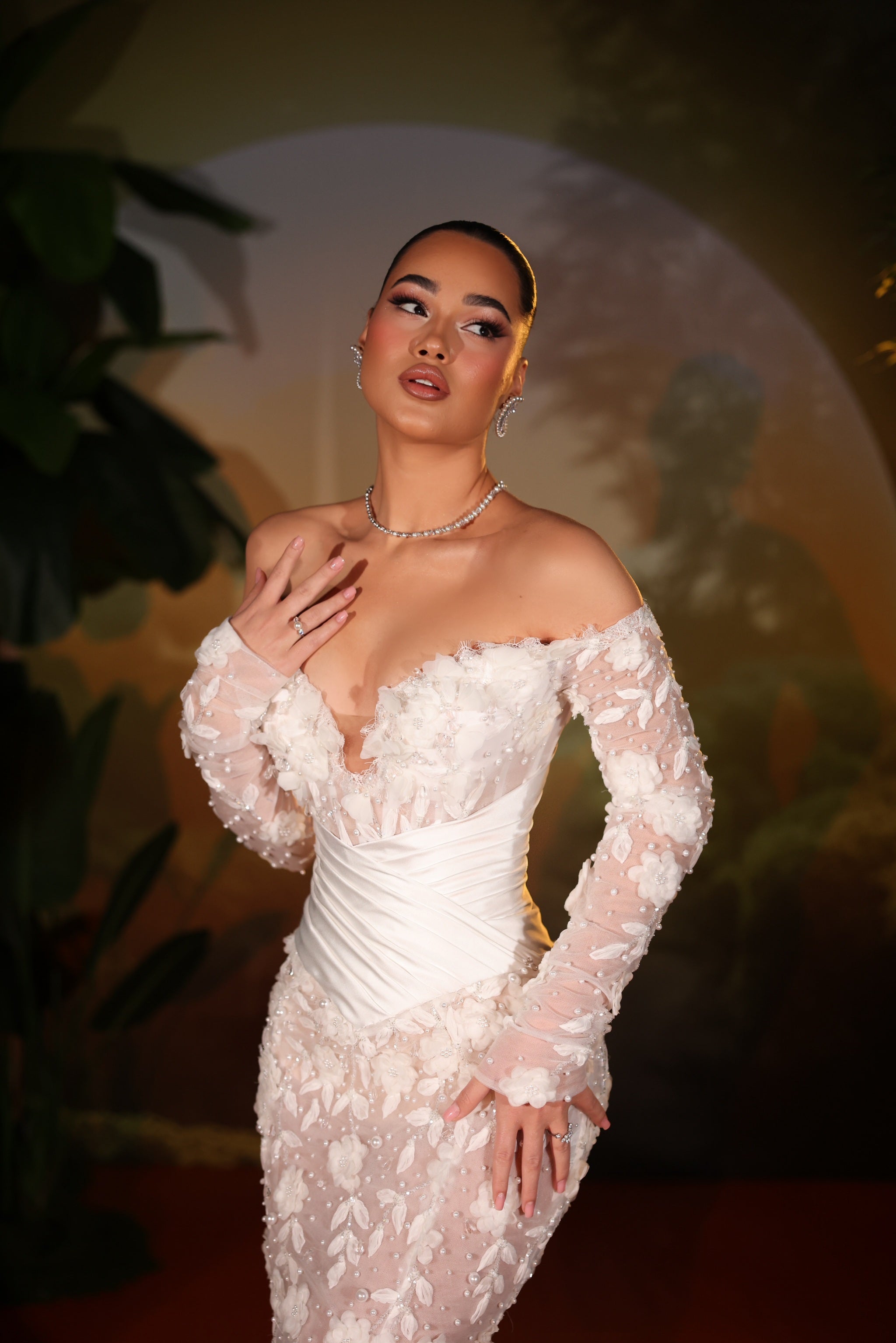 Vionelle - Floral Mermaid Gown with Detachable Cape