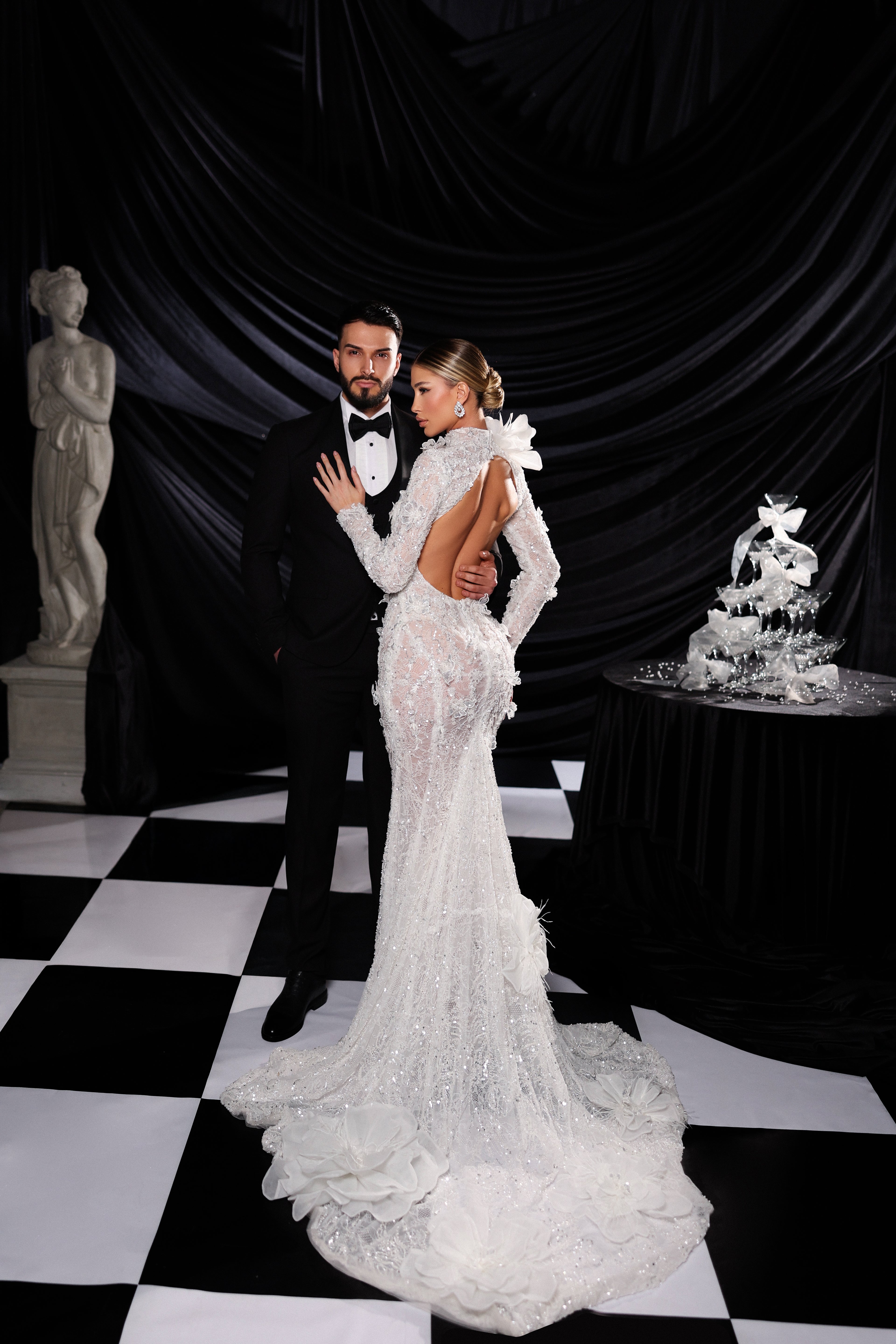 Long Sleeve Floral Lace Wedding Gown