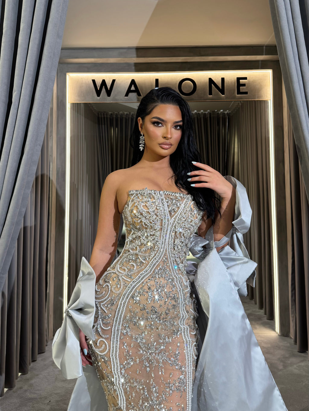 Strapless Beaded Gown with Detachable Bow Sleeves