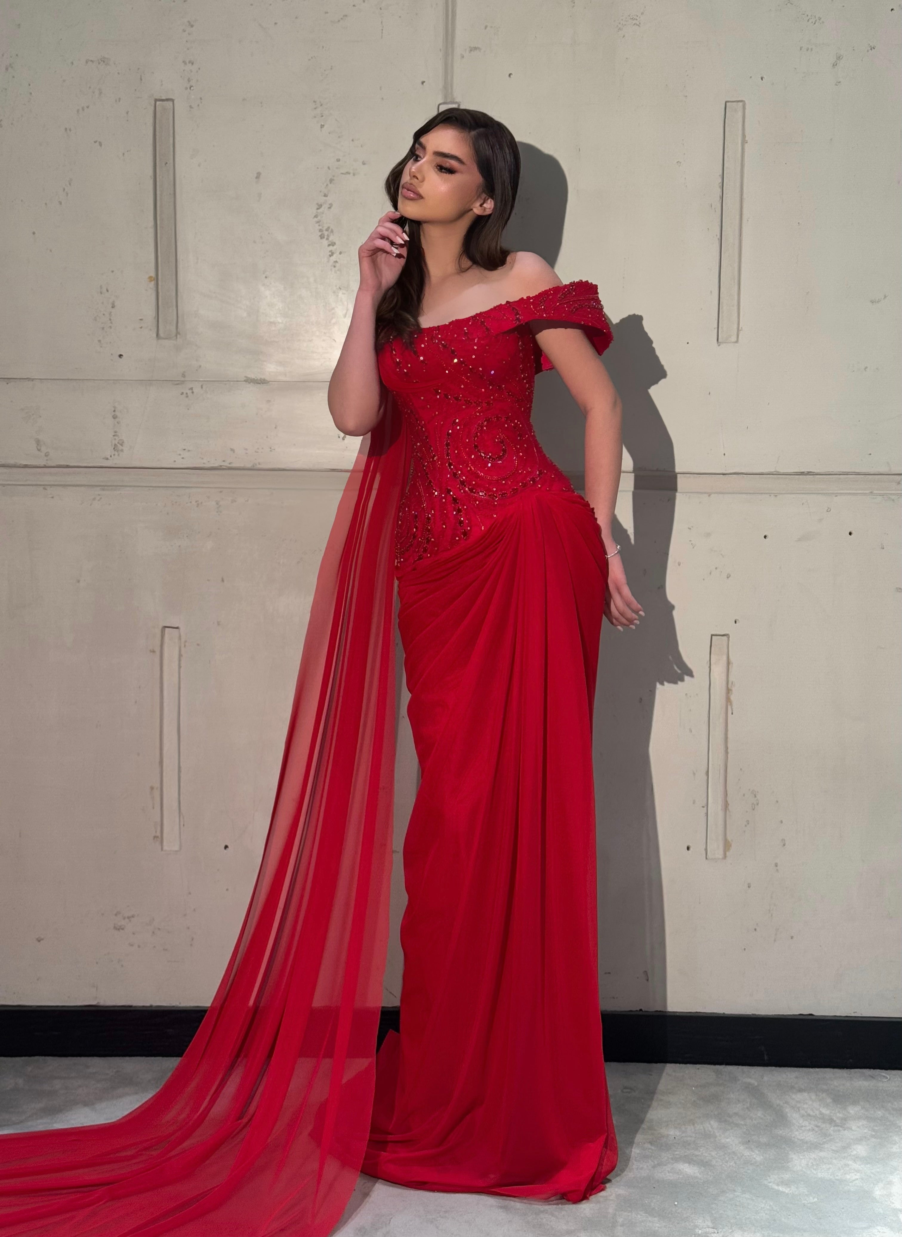 Arvella – Red Beaded Off-Shoulder Gown