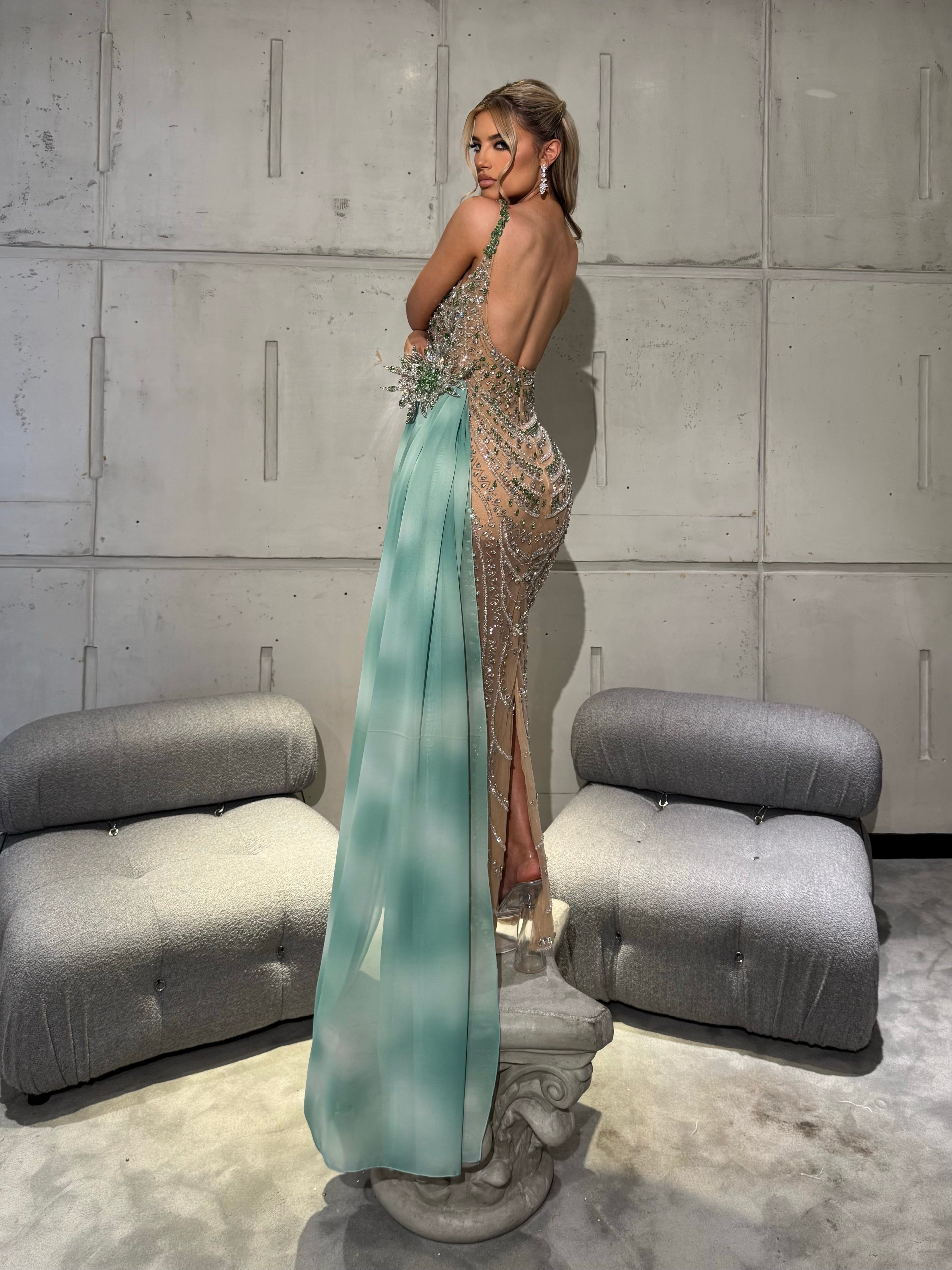Mint Embellished Gown with Crystal Draping