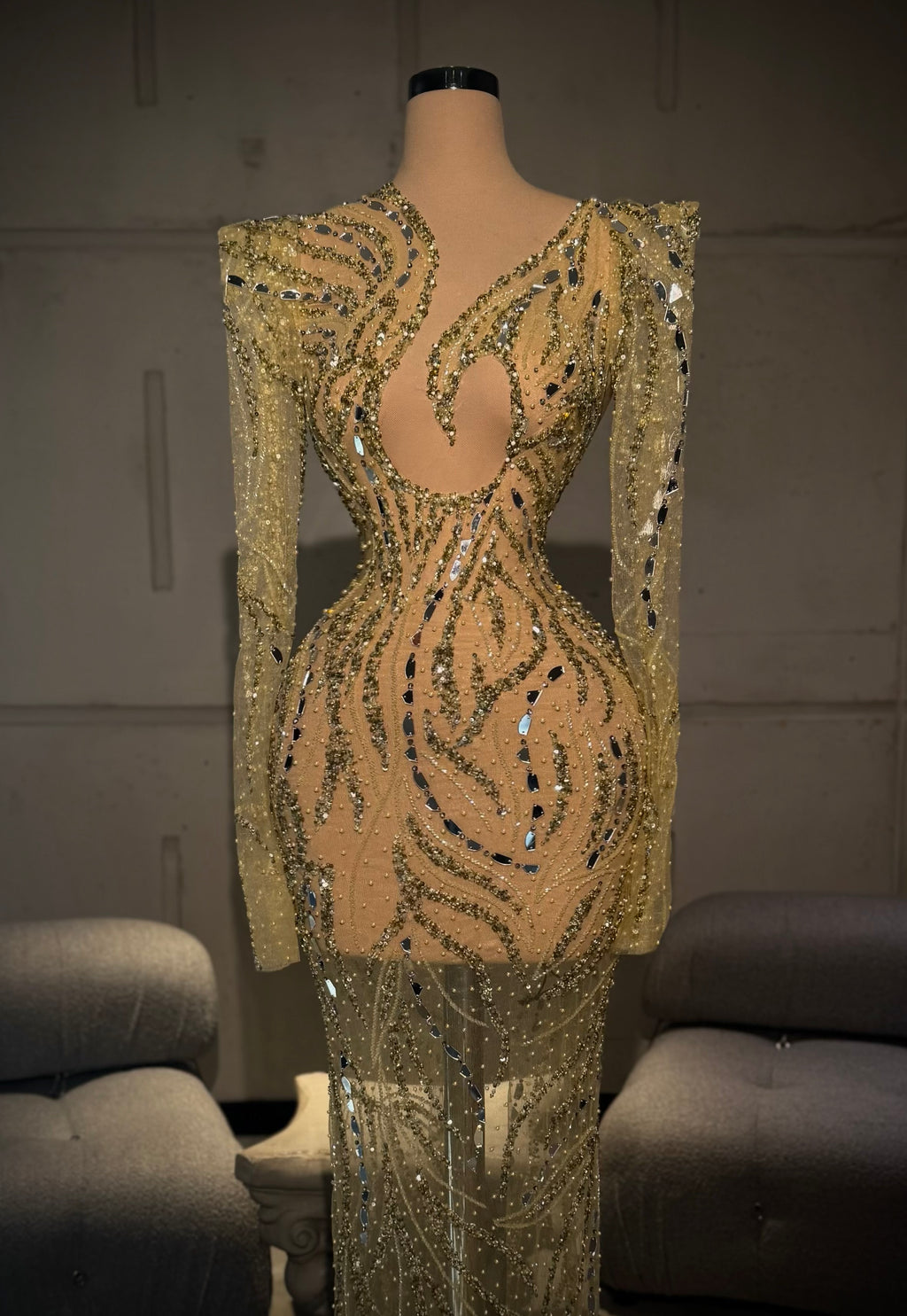 Estine – Gold Mirror Embellished Gown