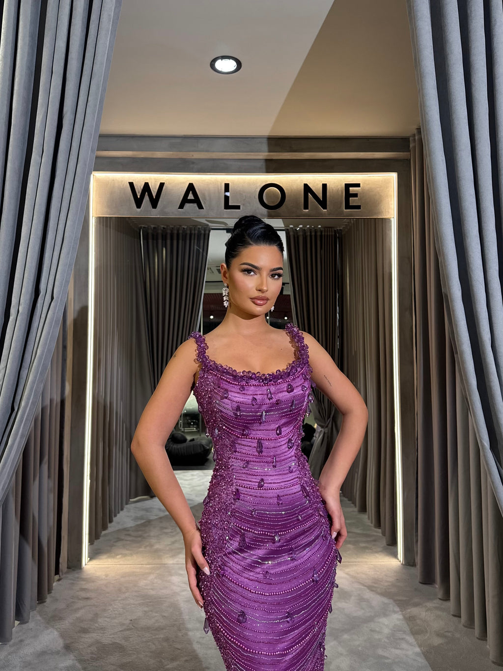 Beaded Mermaid Gown with Scoop Neckline and Draped Beading