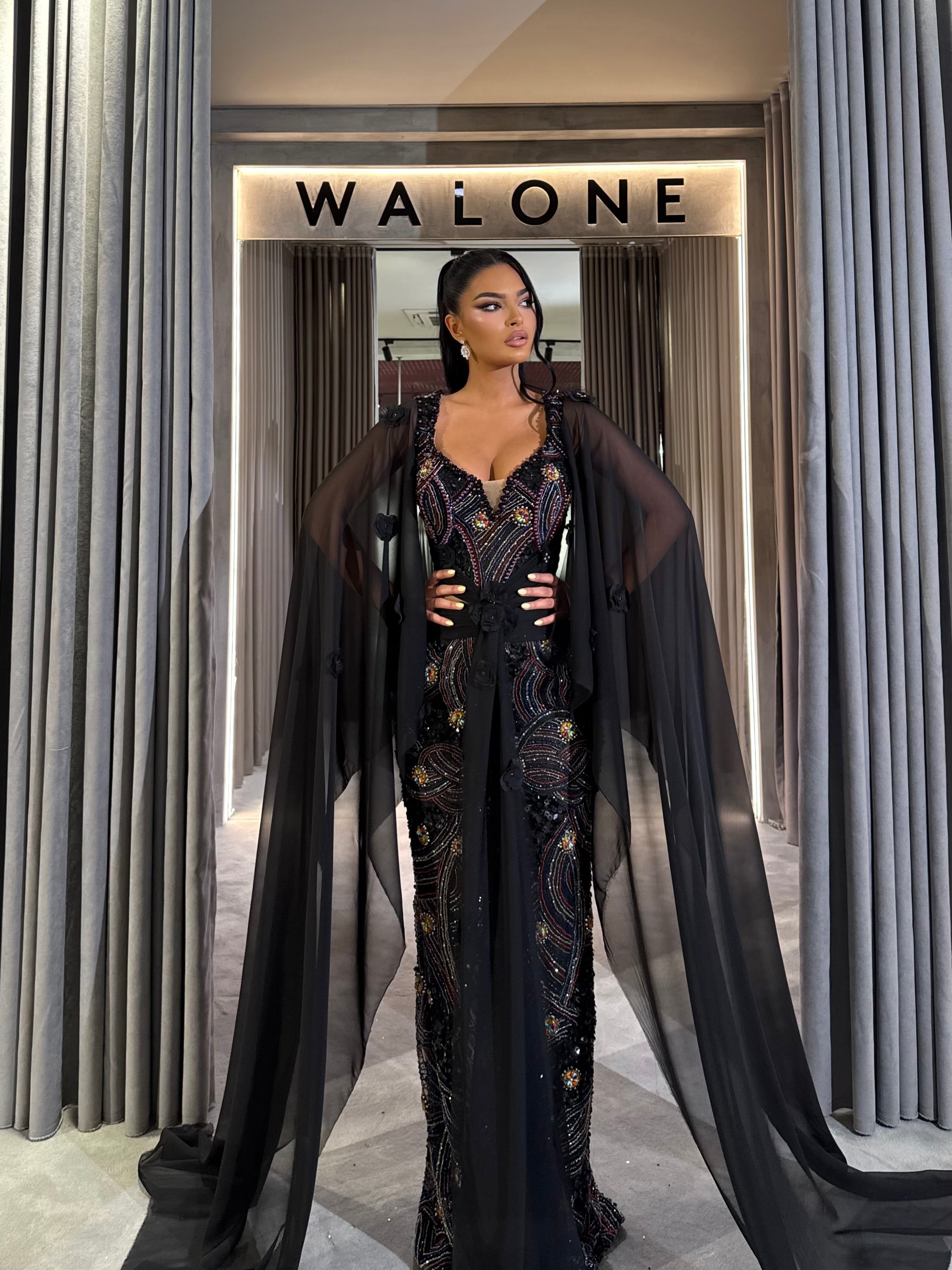 Multicolor Beaded Black Dress with Flowing Chiffon Cape