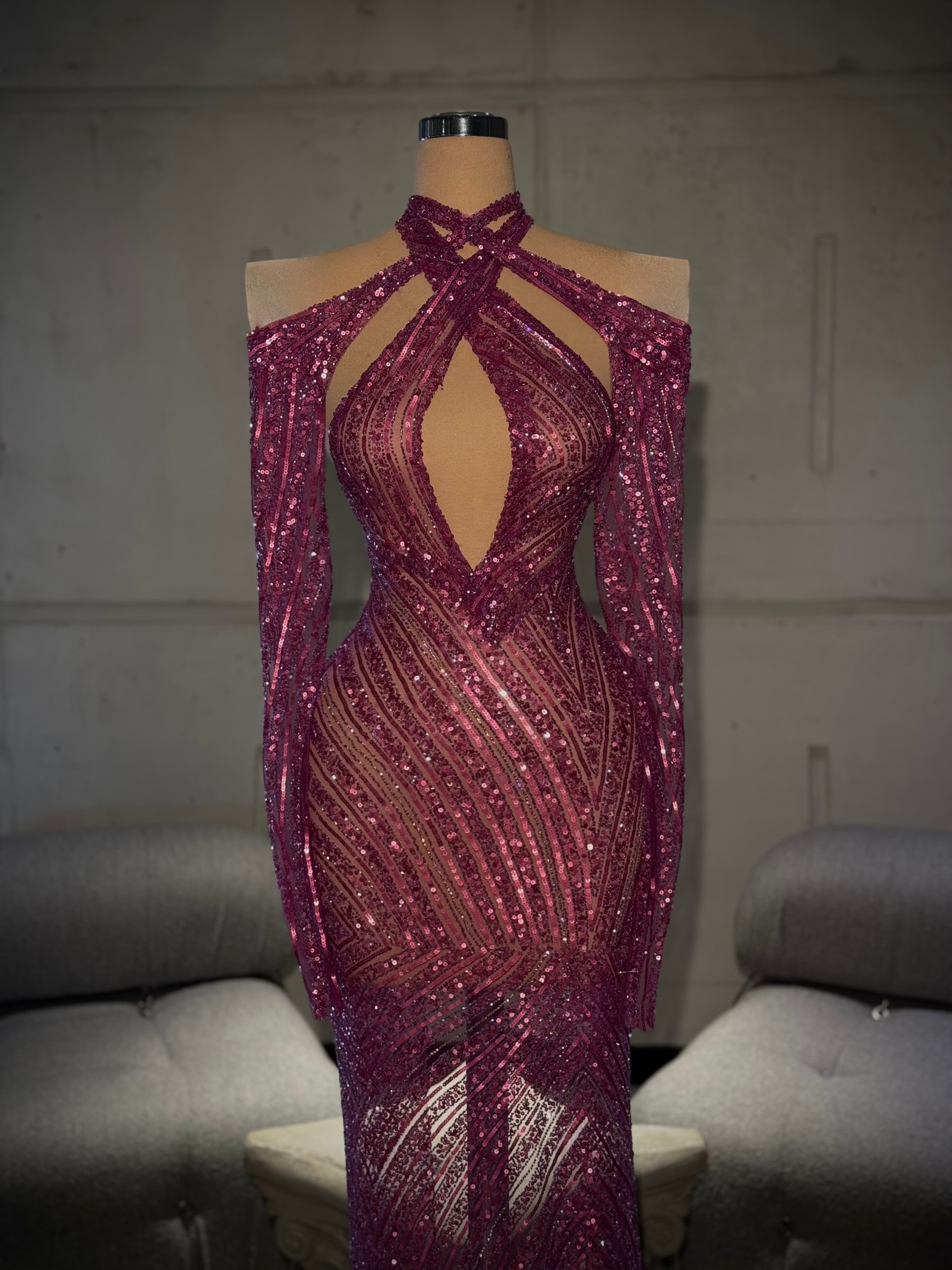 Rozela - Fuchsia Beaded Cutout Gown