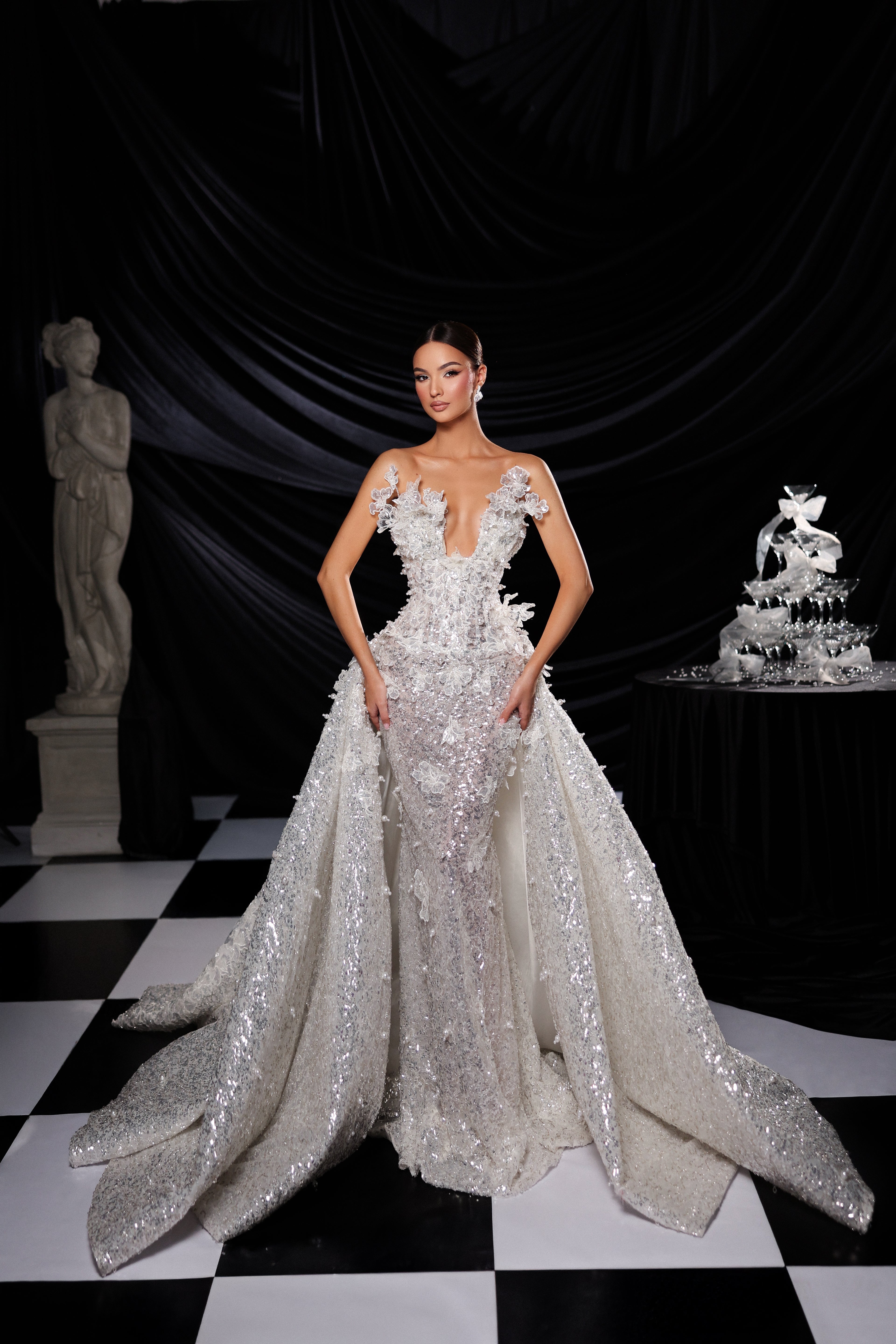 Strapless floral bridal gown with detachable cape