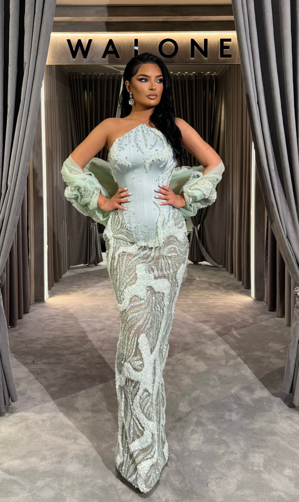 Strapless Mint Corset Beaded Gown