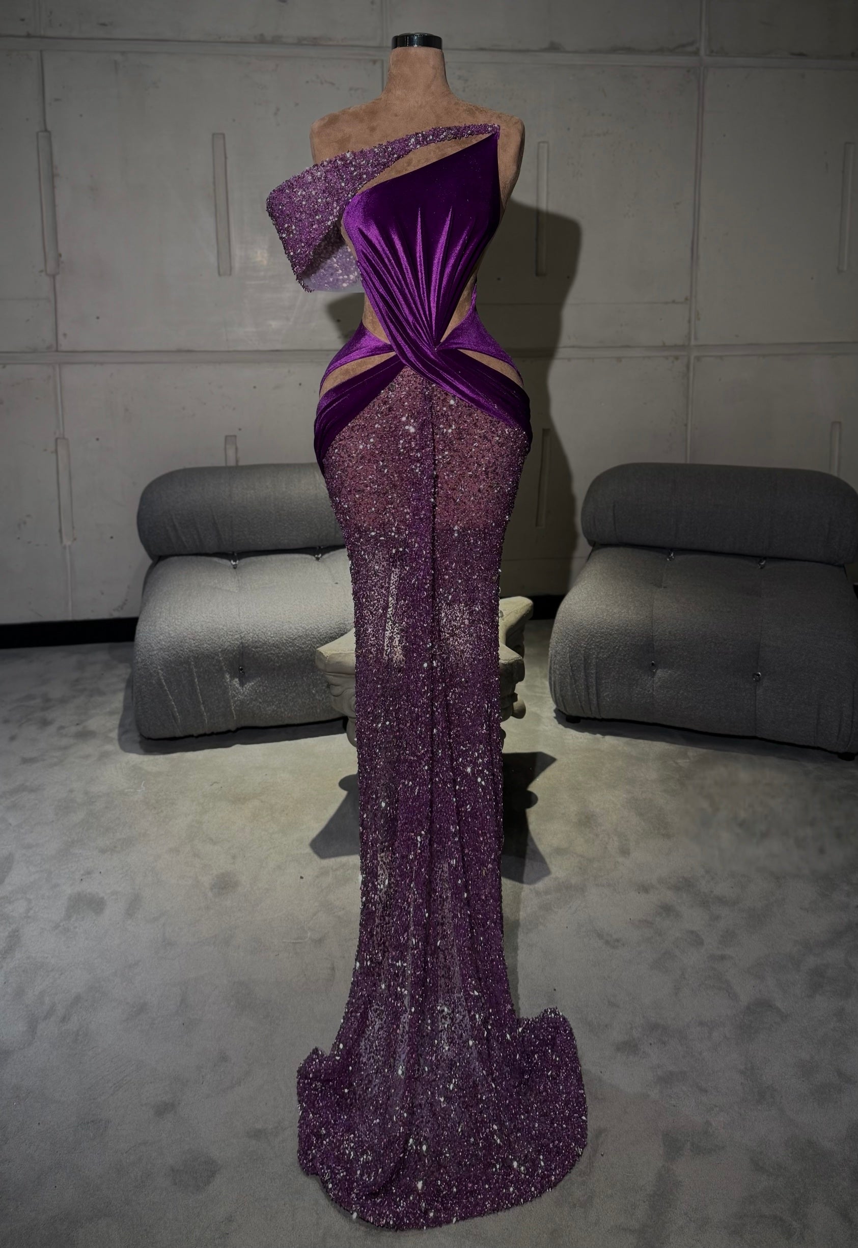 Asymmetric Satin Sequin Gown