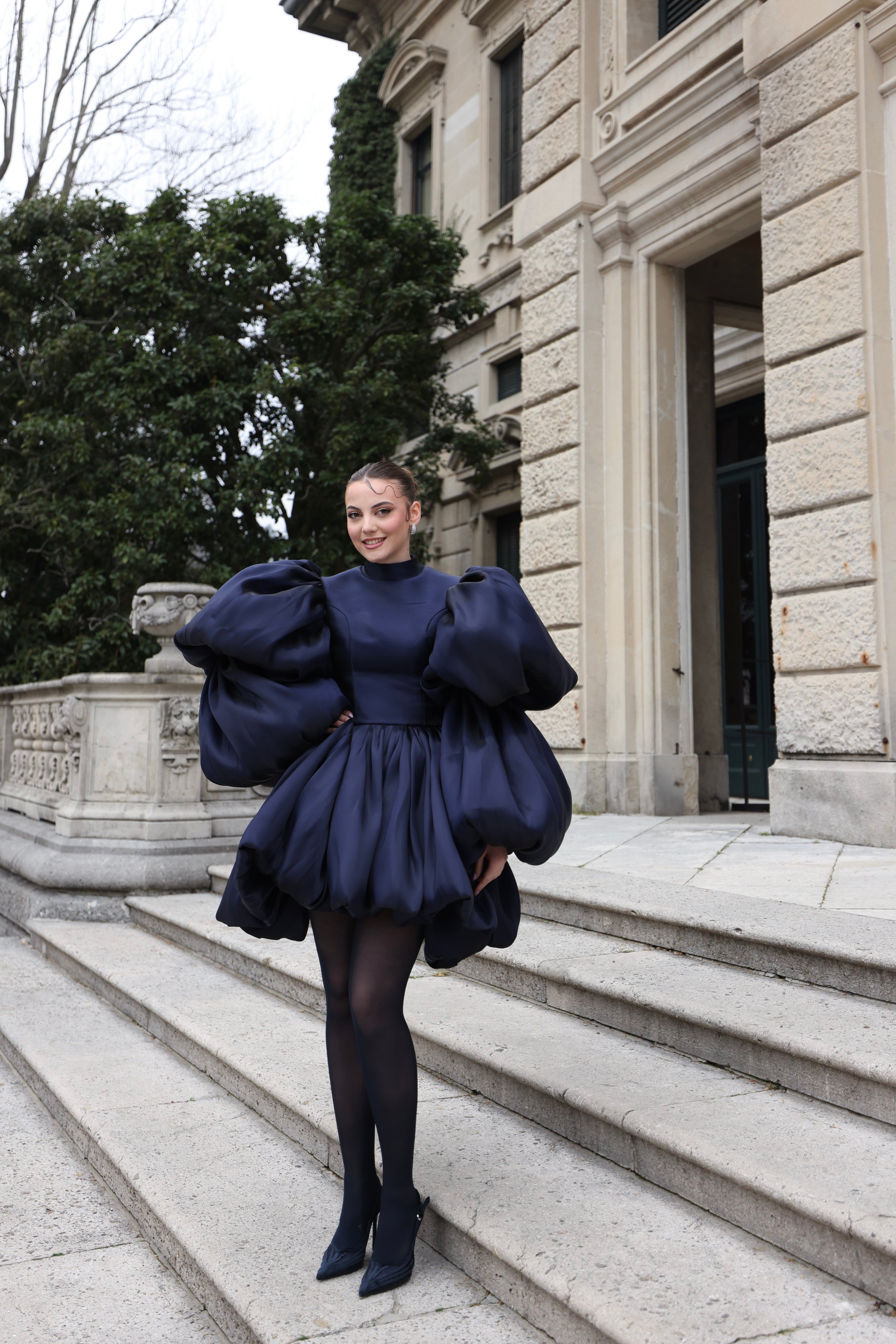 Evelina - High-Neck Puff Sleeve Mini Dress