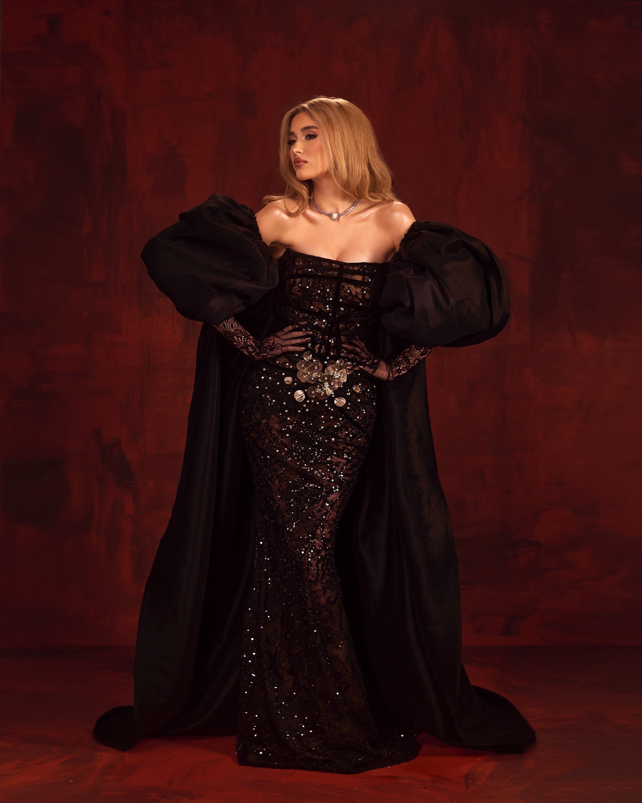 Mirelda - Black Beaded Strapless Gown