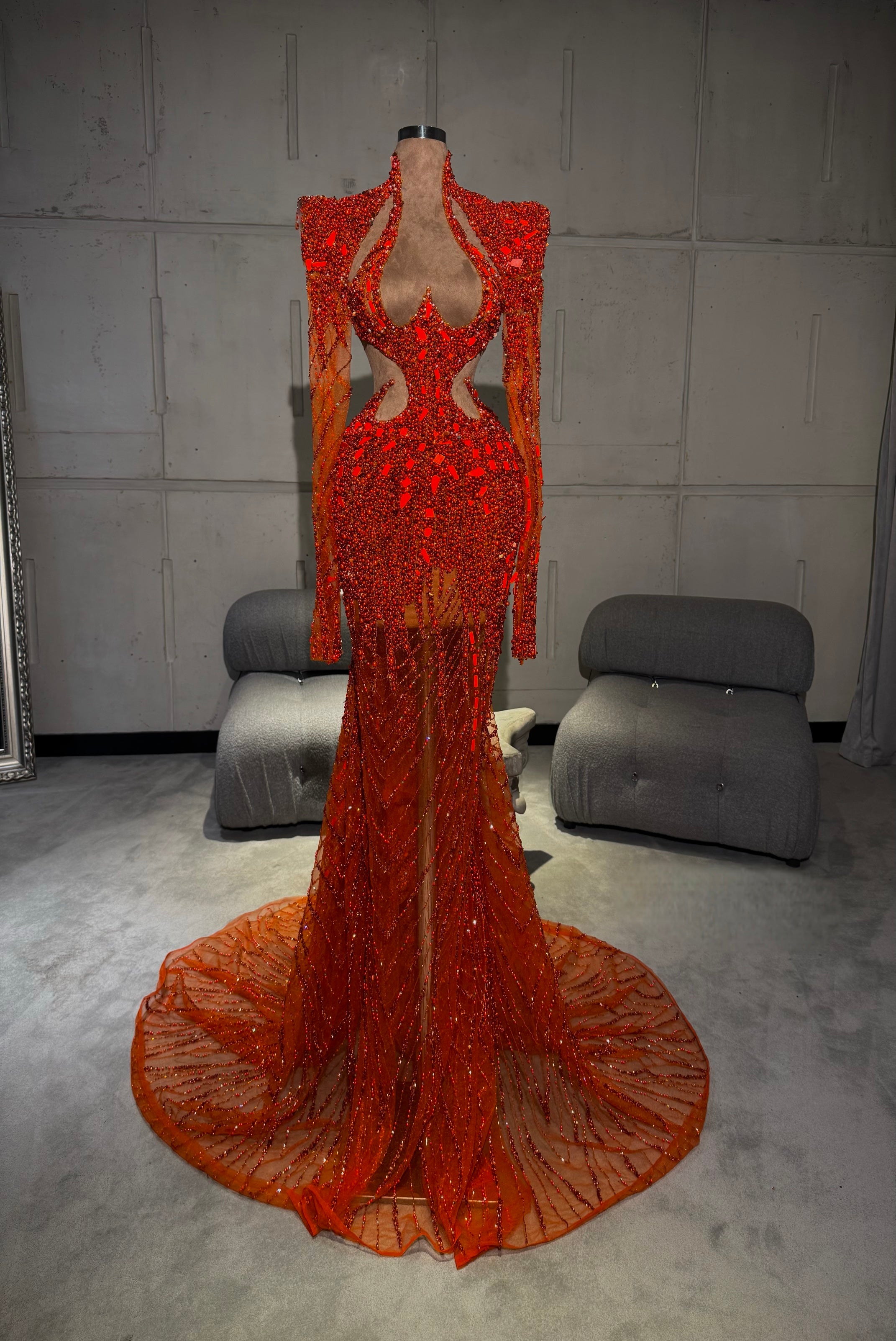 Erina - Red Beaded Halter Cut-Out Gown