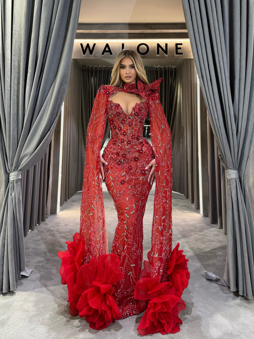 Crimson Rose Extra Long Sleeves Gown
