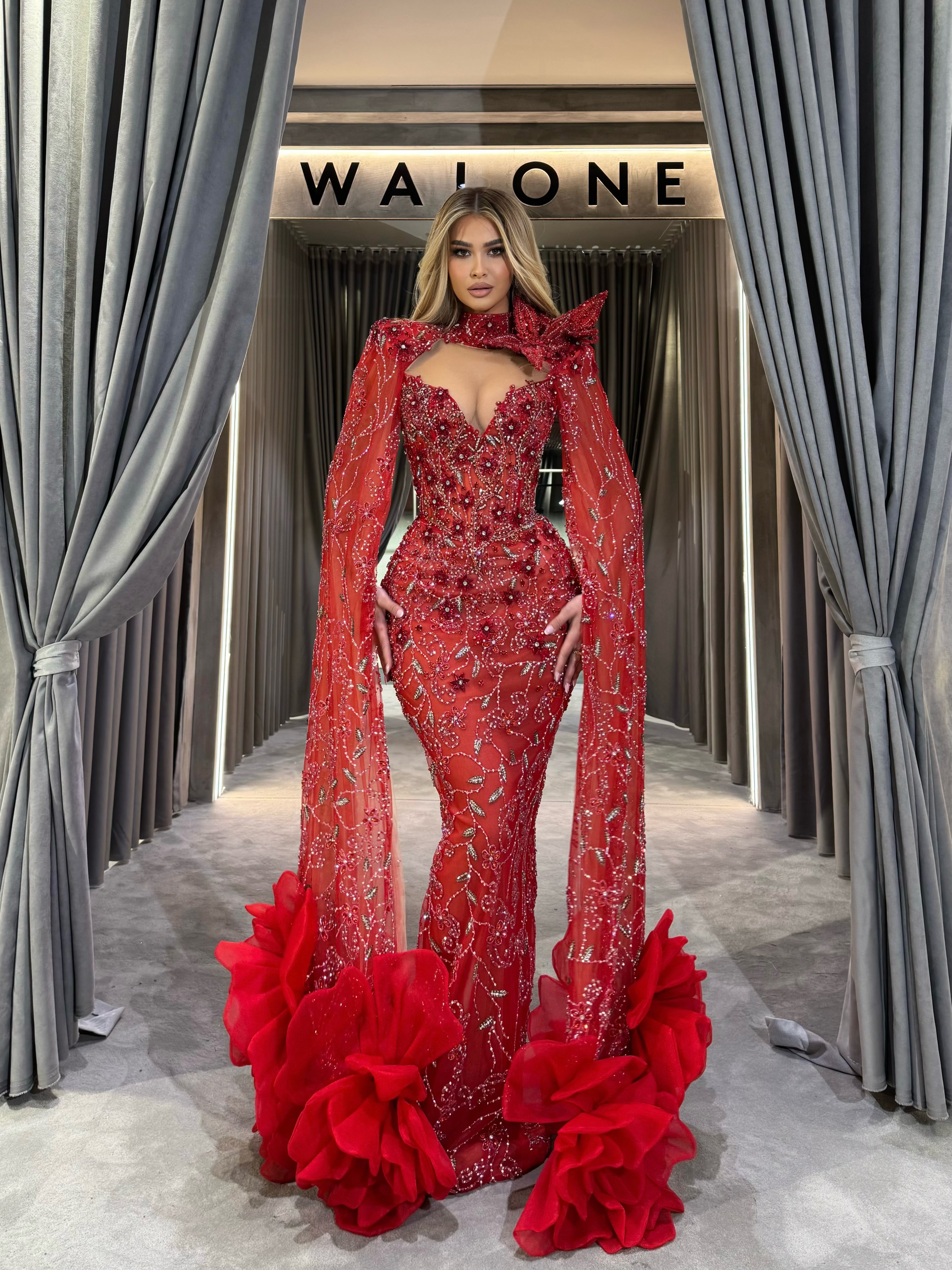 Crimson Rose Extra Long Sleeves Gown