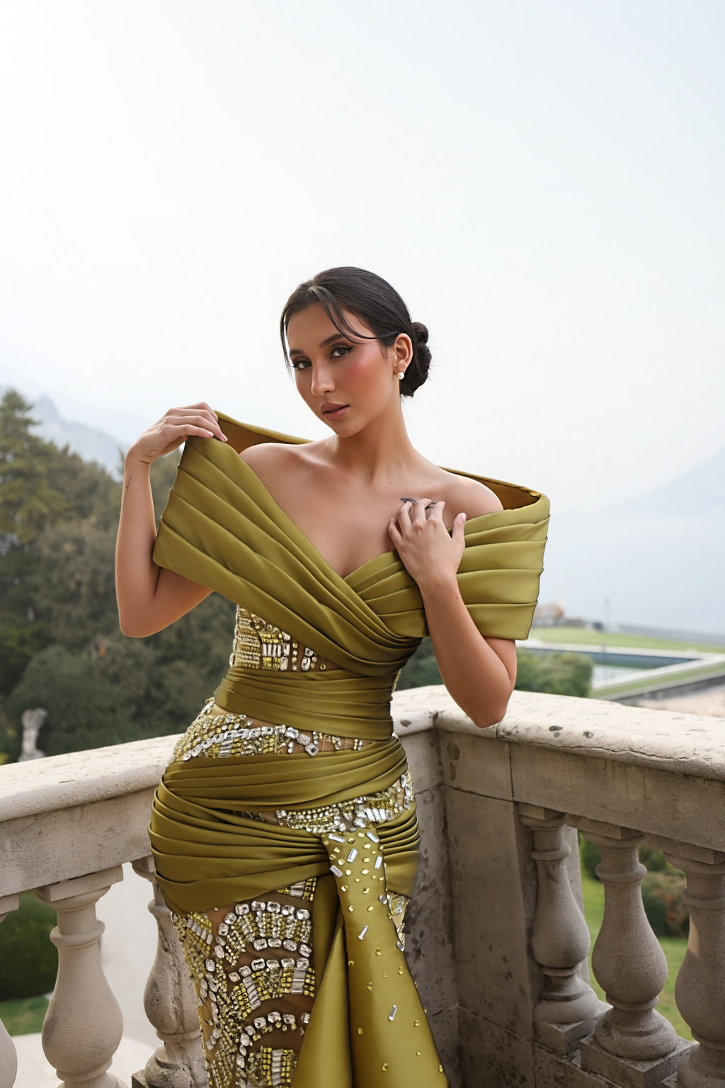 Emiliana - Off Shoulder Draped Beaded Gown