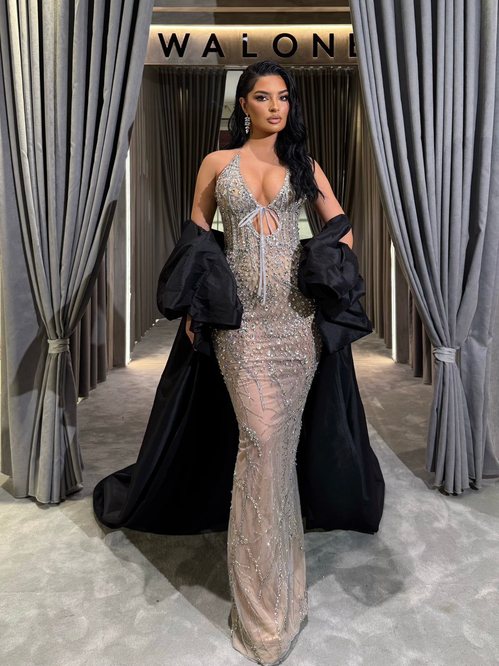 Crystal Halter gown with detachable cape