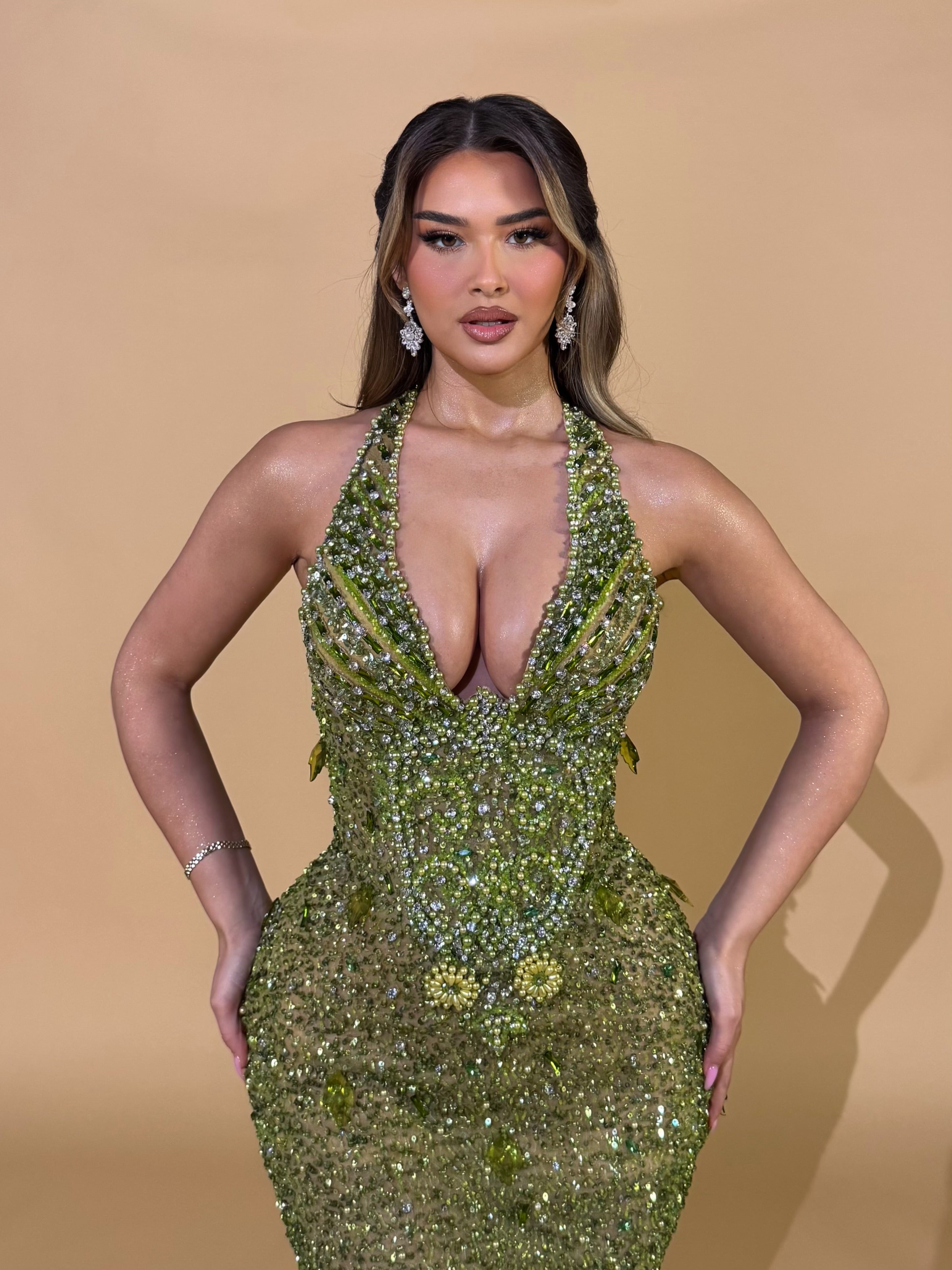 Halter Dress with Emerald Beaded Embellishments