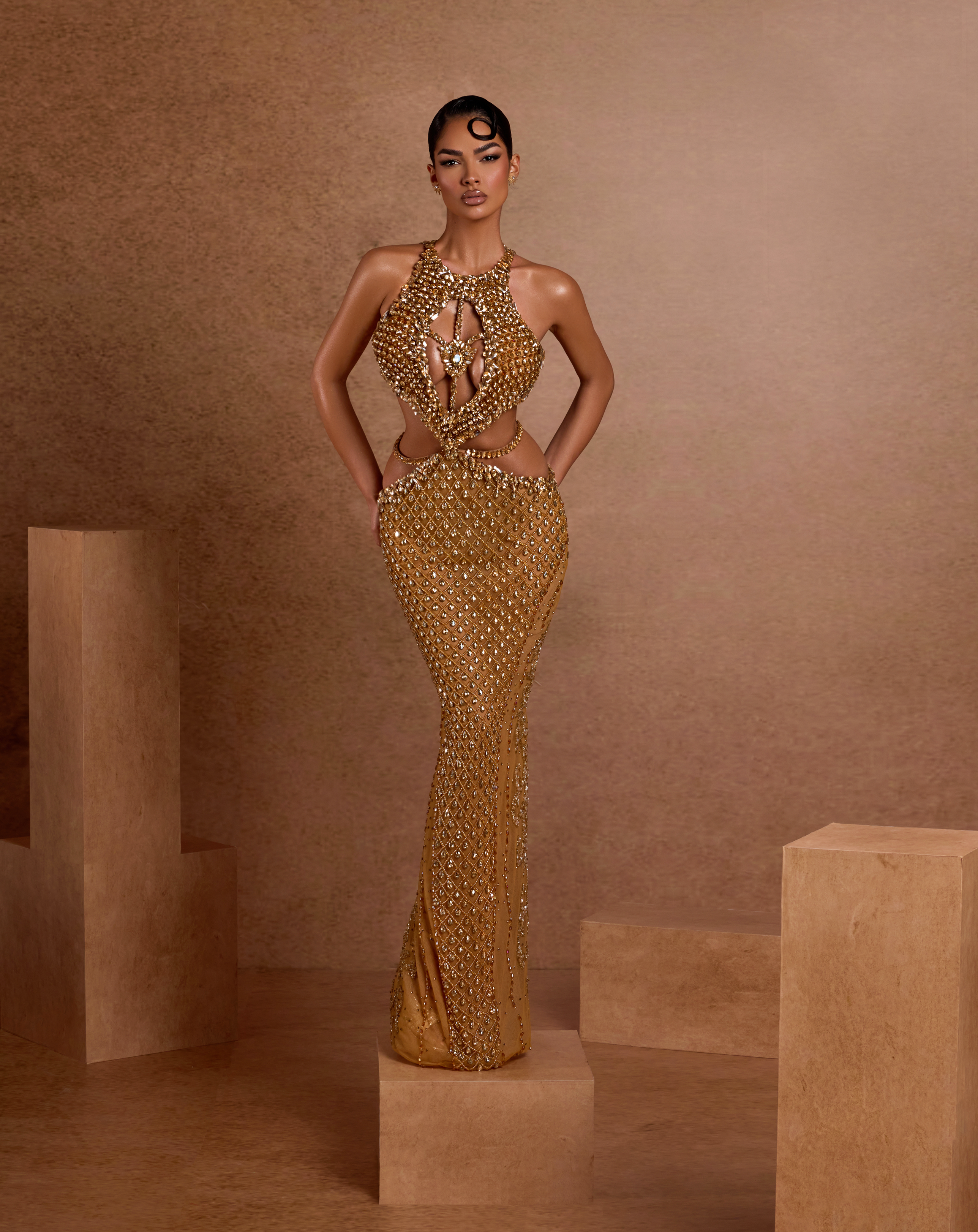 Gold Beaded Cut Out Dress