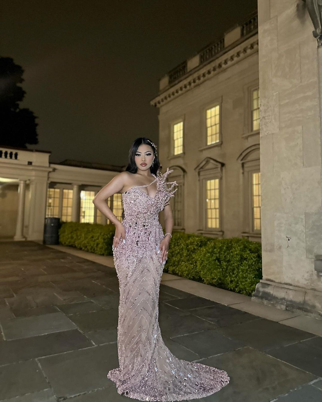 One shoulder dress with floral embellishments