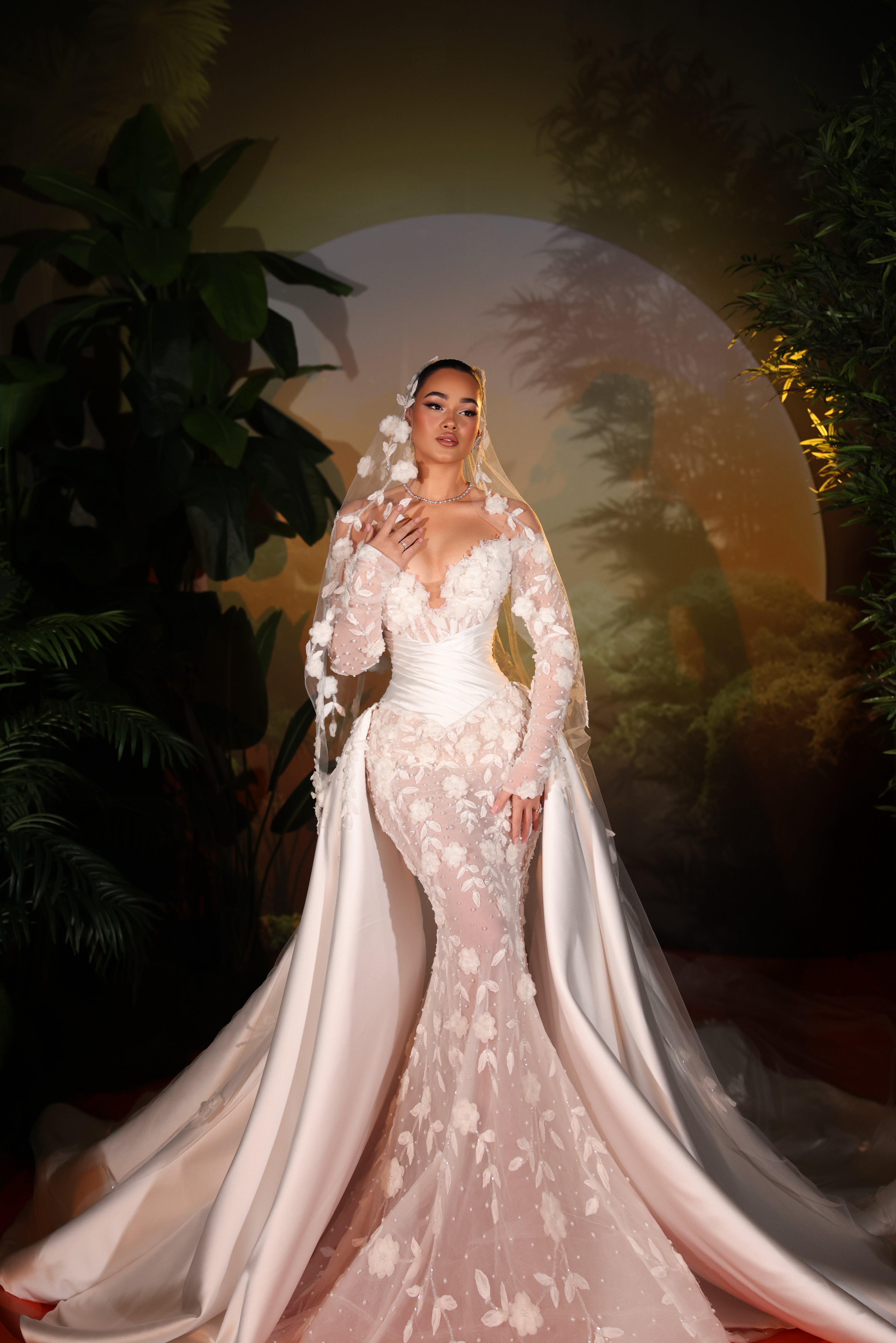 Vionelle - Floral Mermaid Gown with Detachable Cape