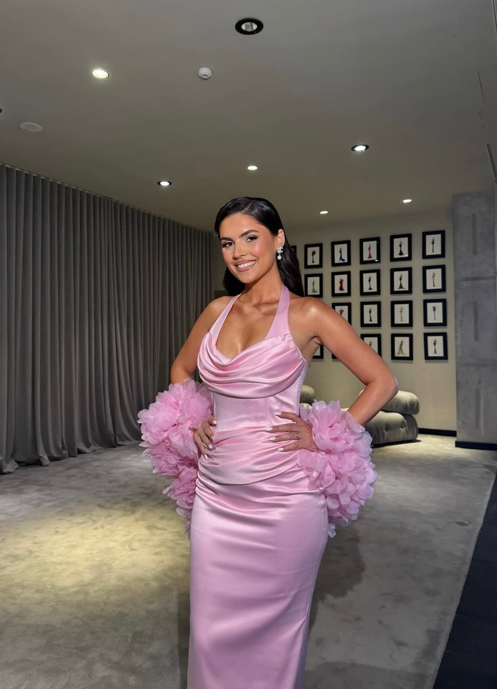 Melina – Pink Halter Dress with Floral cape