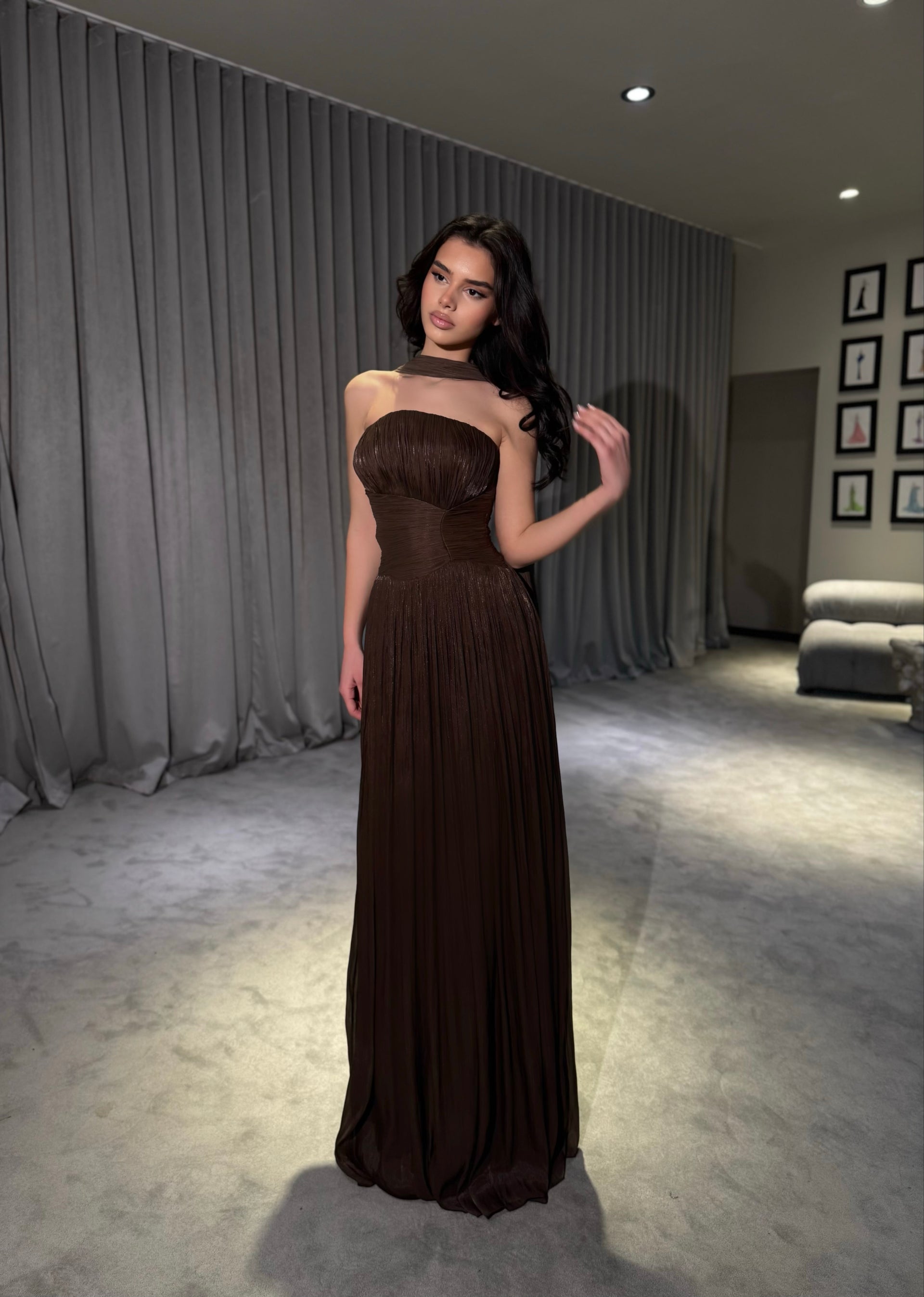 strapless dress with neck scarf Althea - Gown Detail GR_Shirts Green Satin Short Prom Color:Sand/Ivory/Latte up back gives you
