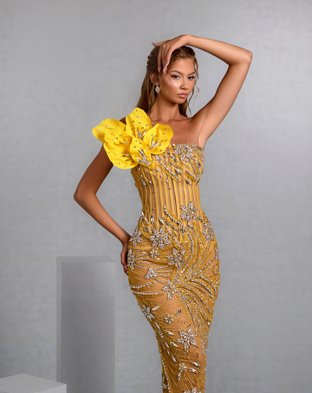 Yellow Mermaid Gown with Vine Motif and Floral Embellishment