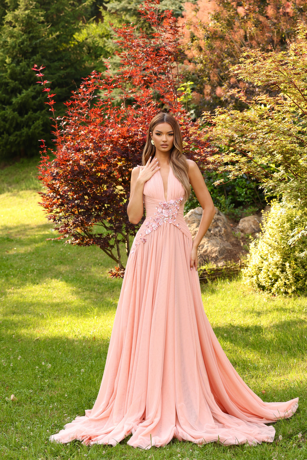 Meliora – Peach Halter Gown with Floral Embellishment
