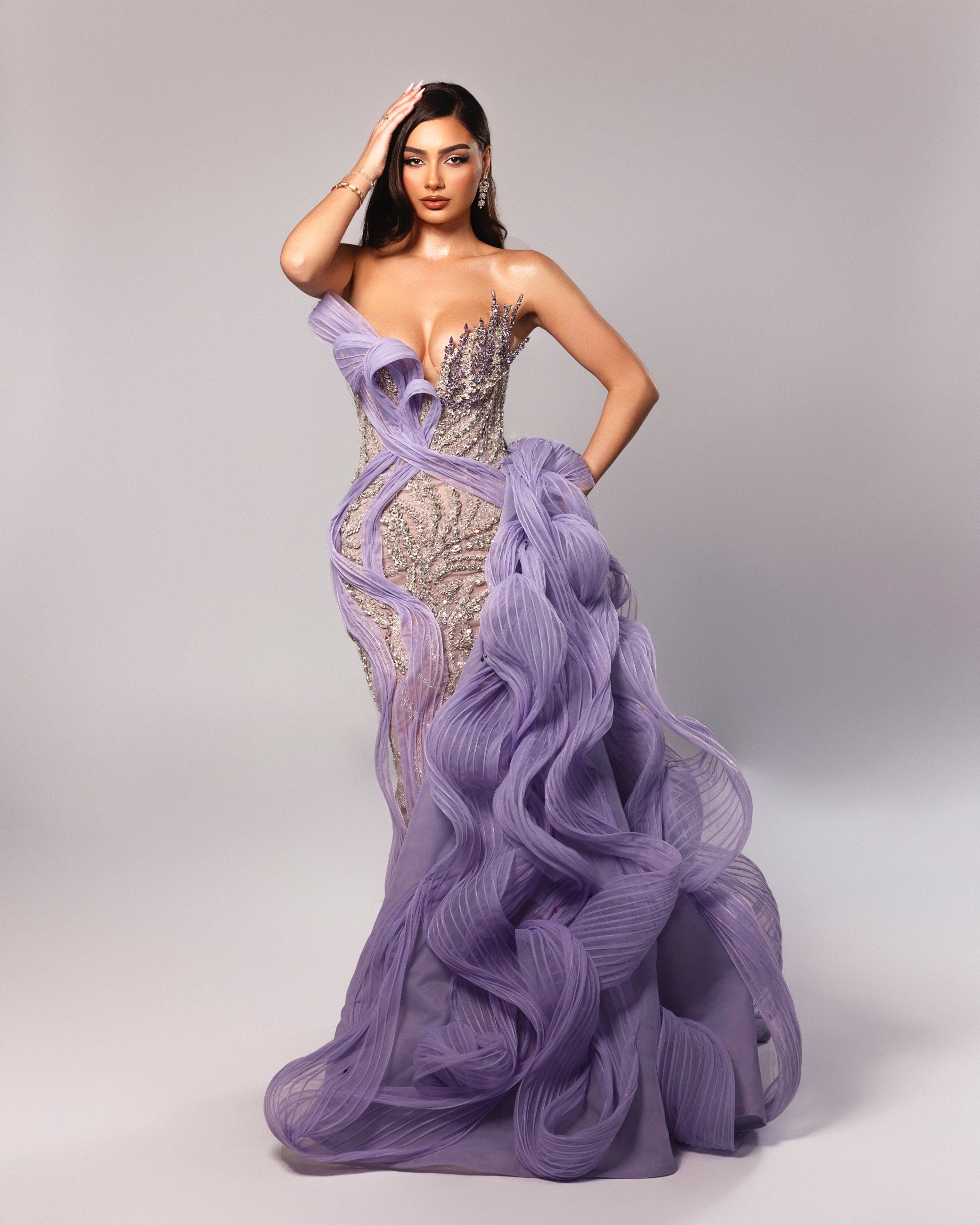 Strapless Beaded Gown with Detachable Cape