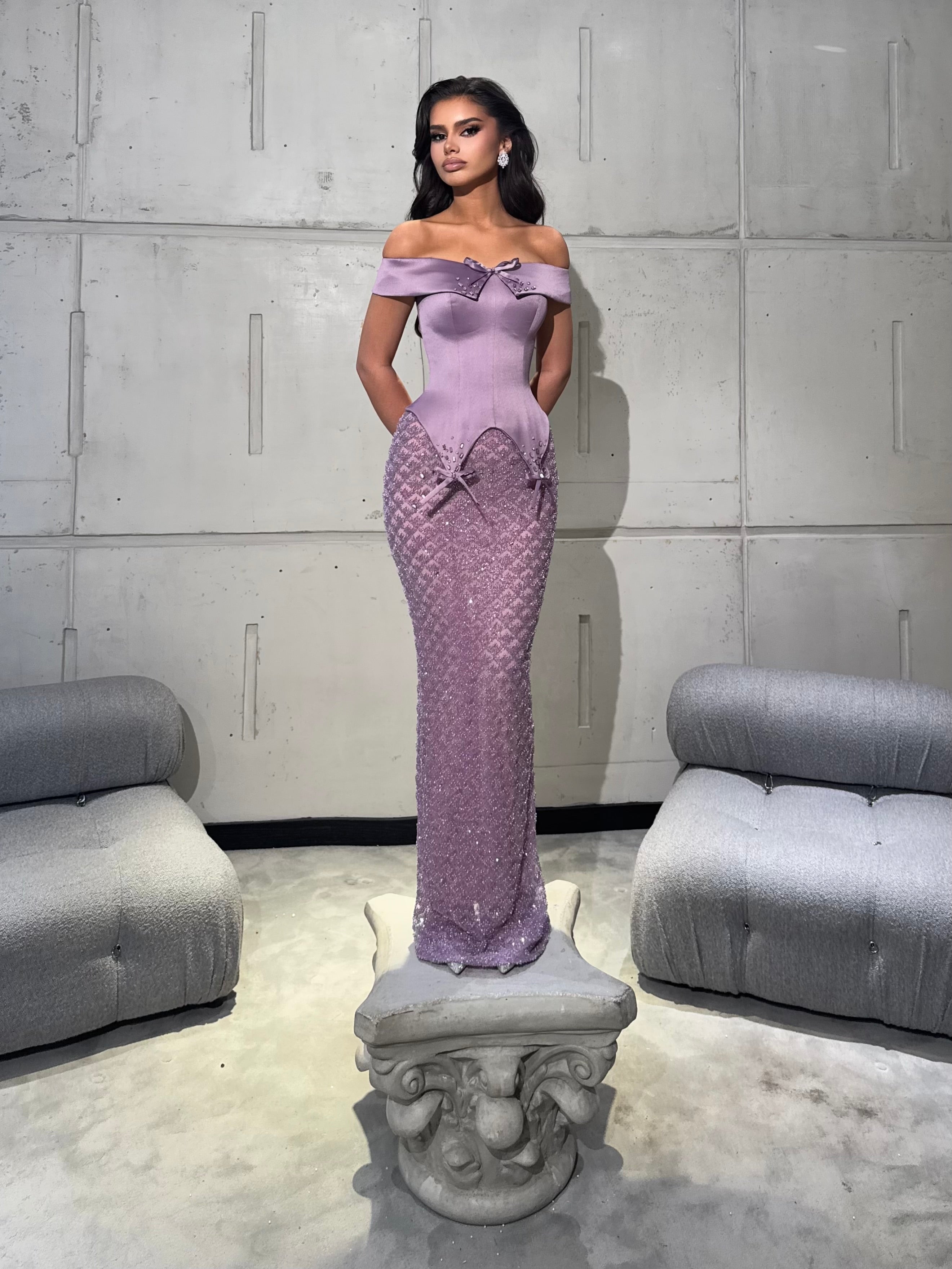 Long Dress Off Shoulder Corset with Crystal Bows