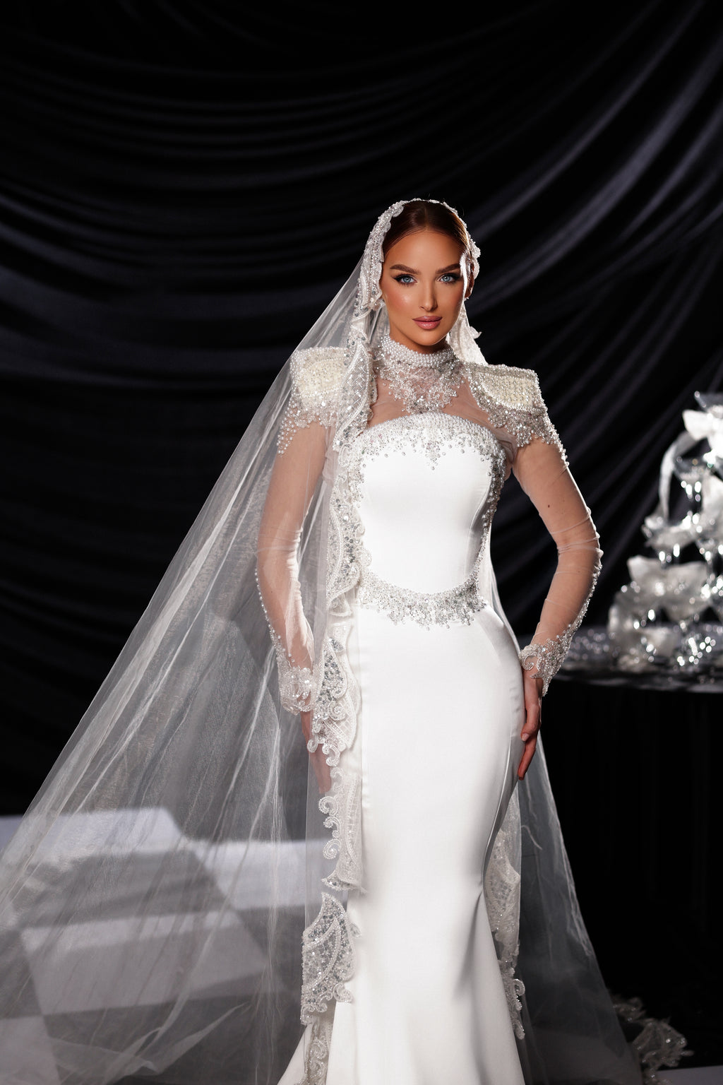 High Neck Bridal Gown with Crystal Embellishments